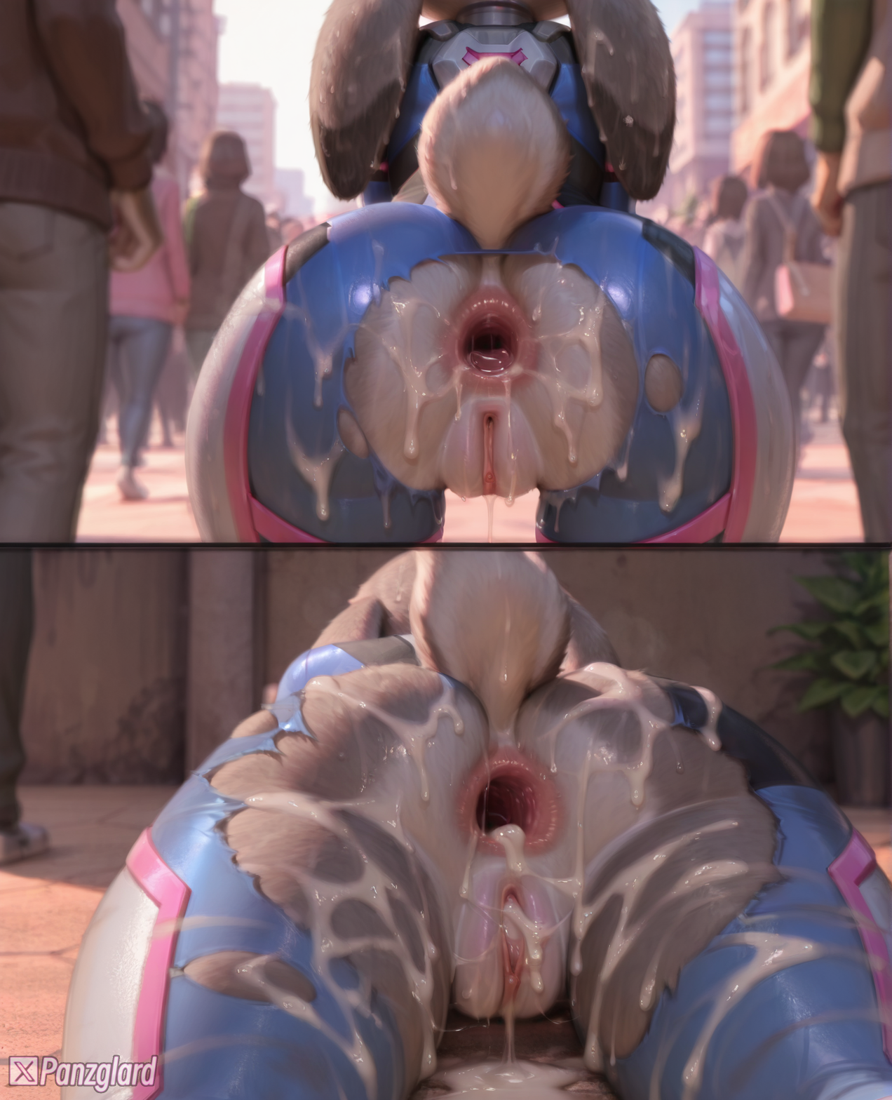 after anal, after sex, ai generated, cum, female, fur, furry, gaping, gaping anus, high resolution, highres, hires, judy hopps, panzglard, sweat, torn clothes, zootopia, zootopia 2