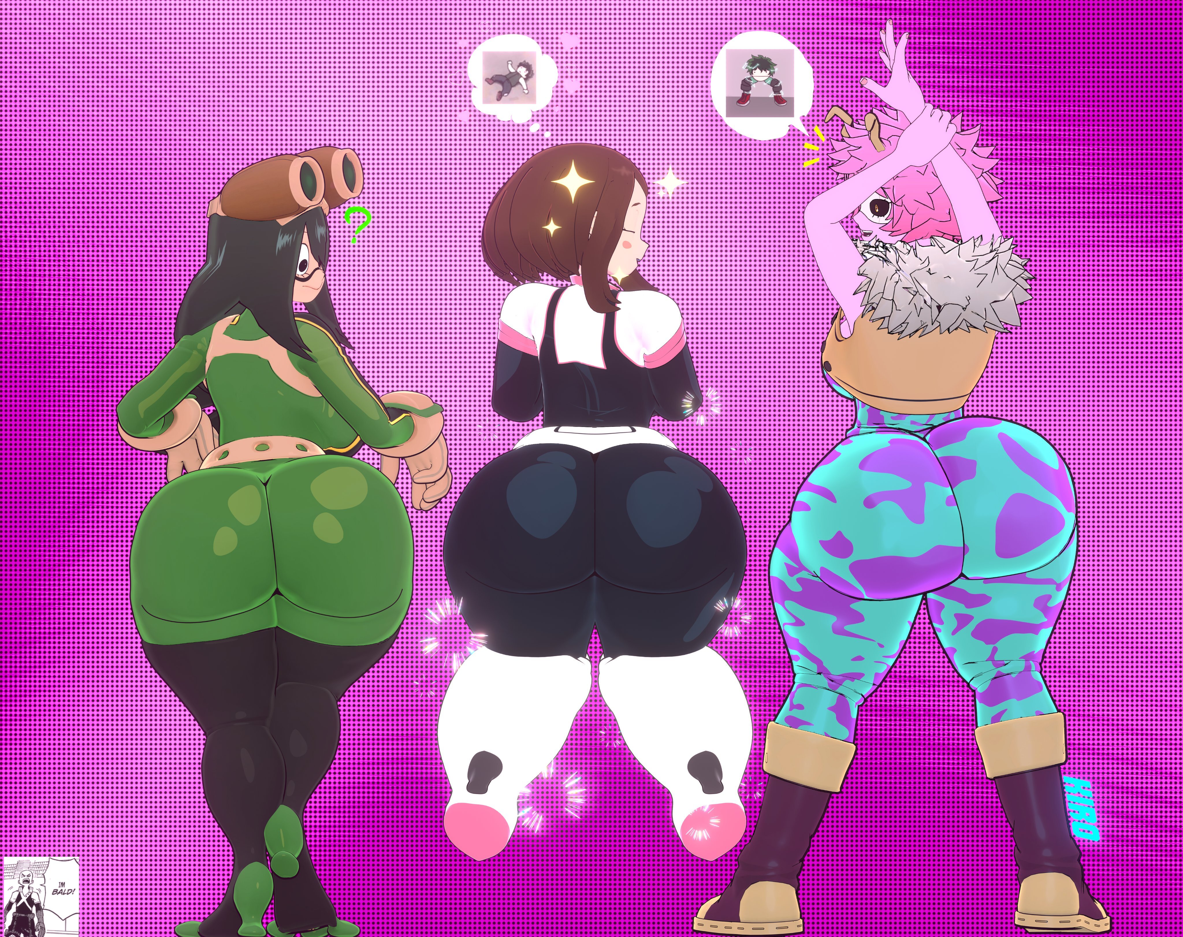 3d, 3d (artwork), 3females, 3girl, 3girls, ashido mina, ashido mina (hero outfit), ass, ass focus, asui tsuyu, asui tsuyu (hero outfit), back view, big ass, big boobs, big breasts, big butt, boku no hero academia, bubble ass, bubble butt, butt, fat ass, fat butt, female, female focus, female only, floating, hero outfit (mha), heroine, huge ass, huge butt, kiro93591529, light-skinned female, medium breasts, meme in the background, mina ashido, mina ashido (hero outfit), multiple girls, my hero academia, ochako uraraka, ochako uraraka (hero outfit), teenager, thick thighs, tsuyu asui, tsuyu asui (hero outfit), uraraka ochaco, uraraka ochako, uraraka ochako (hero outfit)