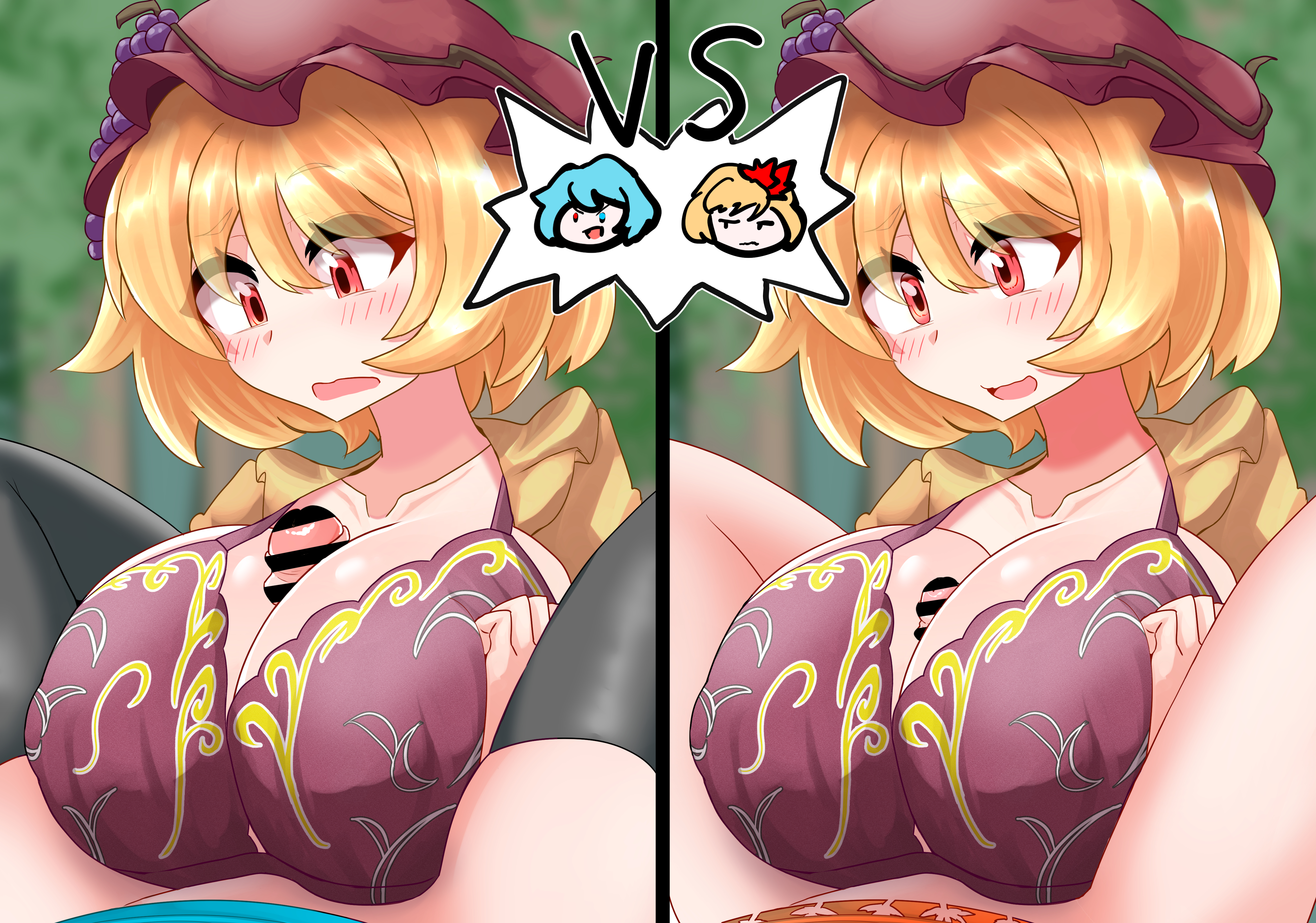 1girls, 2025, 2futas, big breasts, boobjob, breasts, censored, competition, female, futanari, gesususi, incest, intersex, kogasa tatara, light skin, light-skinned female, minoriko aki, nervous, paizuri, penis, penis size difference, red eyes, shizuha aki, smile, titjob, touhou, vs, yellow hair