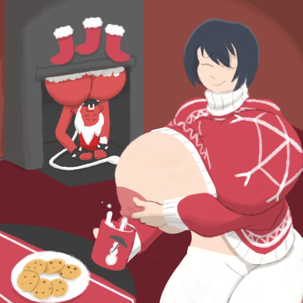 2girls christmas cookies gigantic_breasts lactation lonnie_birches_(oc) mijika milk sweater sweater_lift tsuko_ex_(artist)