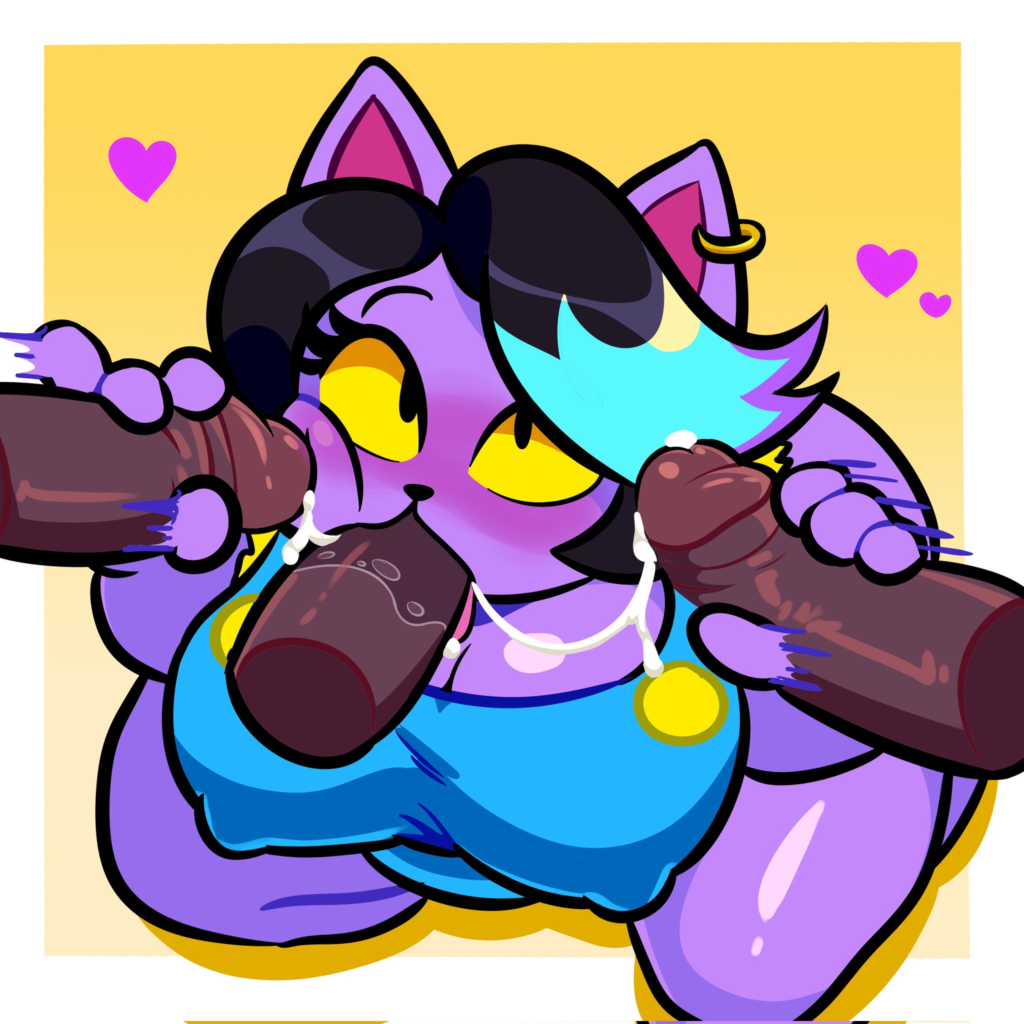 1girls, 3boys, blowbang, blowjob, breasts, catty (undertale), cum, dark skin, dark-skinned male, earring, female, furry, handjob, huge breasts, interspecies, male, multicolored hair, oral, penis, penis on face, squeezysquisher, undertale, undertale (series)