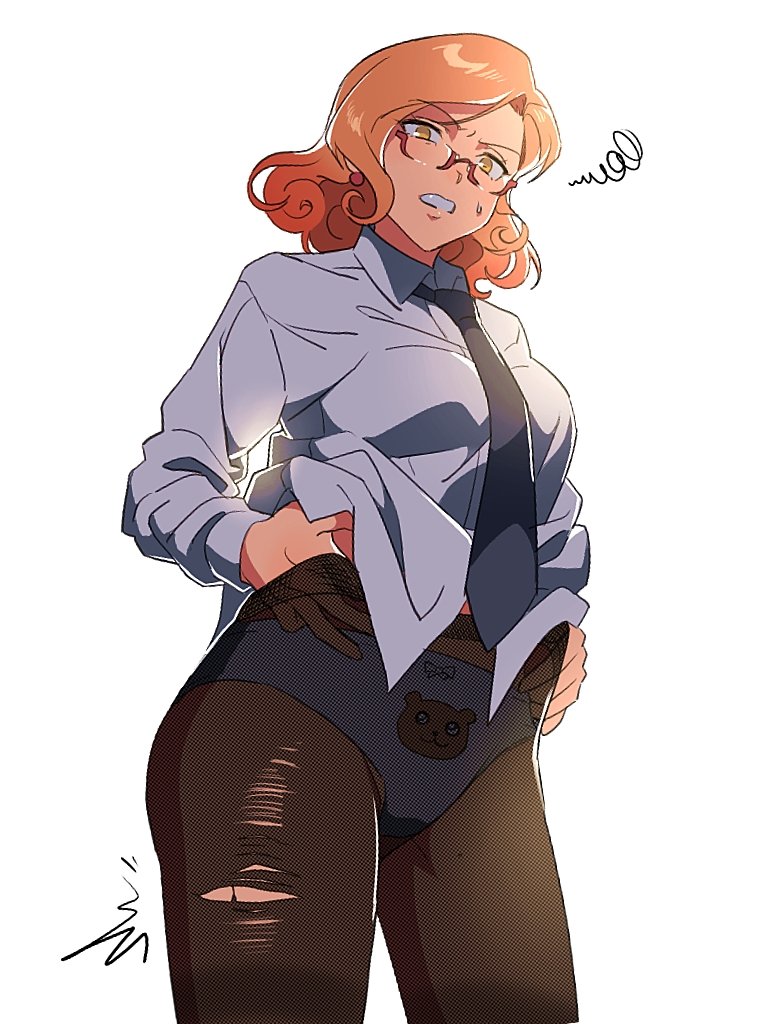 angry, angry expression, angry face, button down shirt, clothing malfunction, curly hair, danganronpa, danganronpa another, fanganronpa, female, female only, glasses, mekaru rei, necktie, only female, orange eyes, orange hair, panties under pantyhose, panties visible through clothing, pantyhose, pantyshot, ripped pantyhose, solo, solo female, super danganronpa another 2, sweat, sweatdrop, sweating, tie, white background
