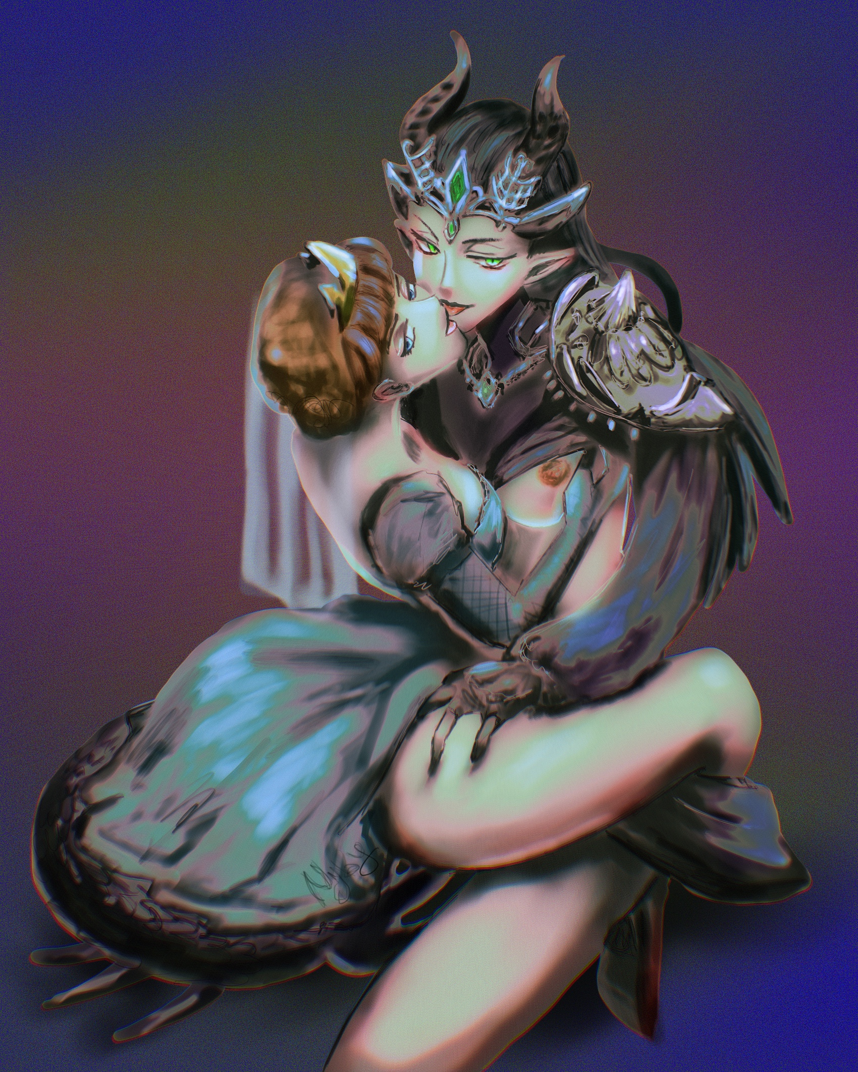 2girls, black hair, breasts, brown hair, crown, dress, female, grabbing another's breast, green eyes, hair bun, hand on breast, horn, jewelry, kissing, lesbian, lesbian kiss, long hair, male, maleanor draconia, milf, no bra, nyby, pointy ears, queen leah (twisted wonderland), scales, thick thighs, twisted wonderland, yuri