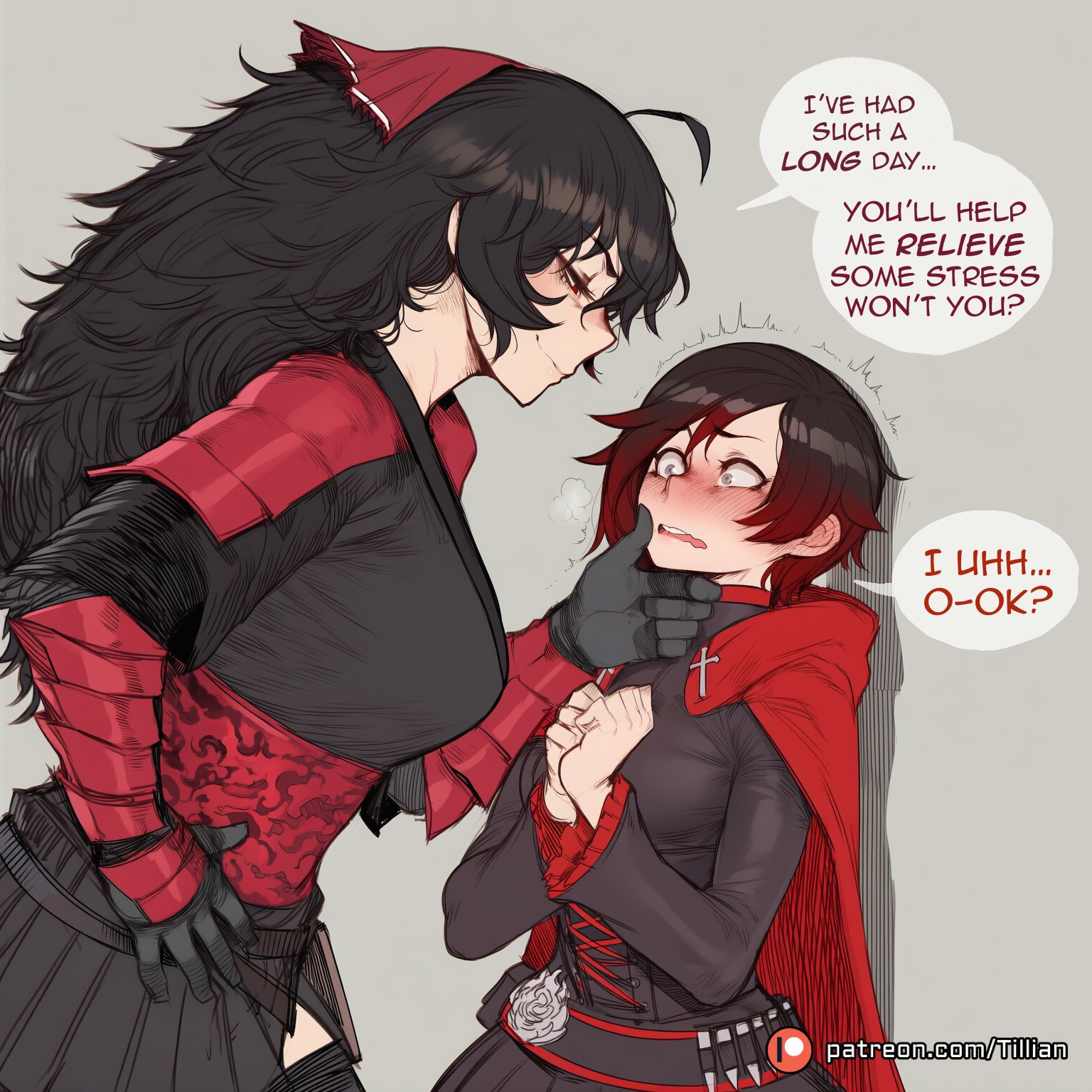 2girls, against wall, ahoge, ai generated, alternate breast size, armor, assertive female, bandolier, belt, black dress, black gloves, black hair, blush, bow, breasts, cape, cloak, closed mouth, corset, cross, dress, english text, female, female only, flower, frills, gauntlets, gloves, grabbing another's chin, gradient hair, grey eyes, hair between eyes, hairbow, hand on another's chin, hand on own hip, height difference, hooded cloak, japanese clothes, kabedon, kimono, large breasts, long hair, long sleeves, looking at another, medium breasts, multicolored hair, multiple females, multiple girls, nose blush, open mouth, patreon logo, patreon username, raven branwen, red cape, red hair, red ribbon, ribbon, ruby rose, rwby, short hair, simple background, smile, speech bubble, tillian, trembling, vambraces, watermark, wavy mouth, web address, yuri