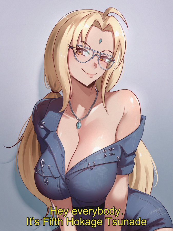 alternate costume, blonde hair, english text, female, glasses, mature female, naruto, naruto (series), opalisart, text, tsunade, twitter