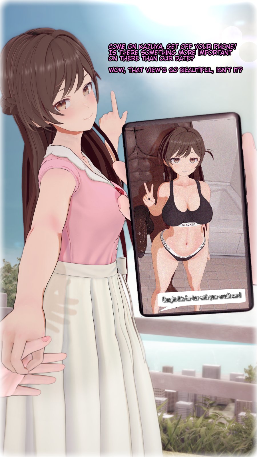 blacked clothing, brown eyes, brown hair, cuckold, dark-skinned male, female, generic dark-skinned-muscular male, holding, holding hands, human, interracial, kanojo okarishimasu, koikatsu, light-skinned female, male, male/female, mizuhara chizuru, muscular, muscular male, netorare, ntr, numbersguy, peace sign, phone, phone screen, smile, smiling, tagme, taking picture, text, text bubble, uncensored