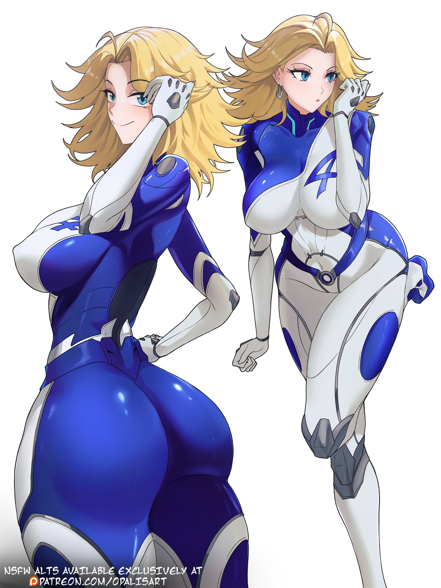 1girls, 3:4, ass, big ass, big breasts, blonde hair, blue bodysuit, blue eyes, bodysuit, breasts, fantastic four, female, female only, huge ass, invisible woman, invisible woman (marvel rivals), large ass, large breasts, marvel, marvel comics, marvel rivals, milf, multicolored bodysuit, opalisart, sue richards, sue storm, twitter, white bodysuit
