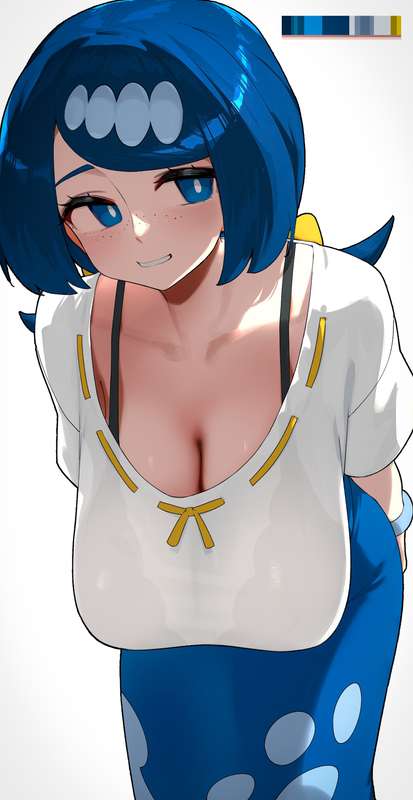 1girls, bent over, blue eyes, blue hair, blue pants, blush, cleavage, game freak, hair accessory, hanging breasts, hizake, kashu (hizake), lana's mother (pokemon), nintendo, pokemon, pokemon sm, white shirt, white skin