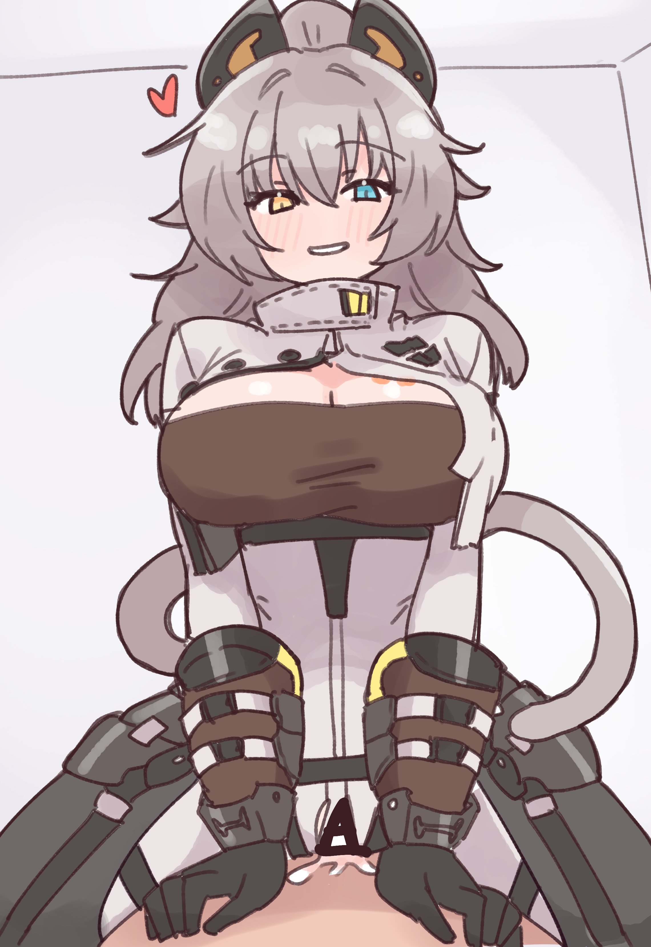 1boy, 1girls, ambiguous penetration, big breasts, blue eyes, blush, bodysuit, boob window, breasts, censor bar, censored, cleavage, clothing, cowgirl position, fake animal ears, female, girls' frontline, girls' frontline 2: exilium, gloves, grey hair, heart, heterochromia, large breasts, long hair, looking at viewer, male, nikukabe, peritya (girls' frontline 2), sex, smile, straddling, tail, yellow eyes