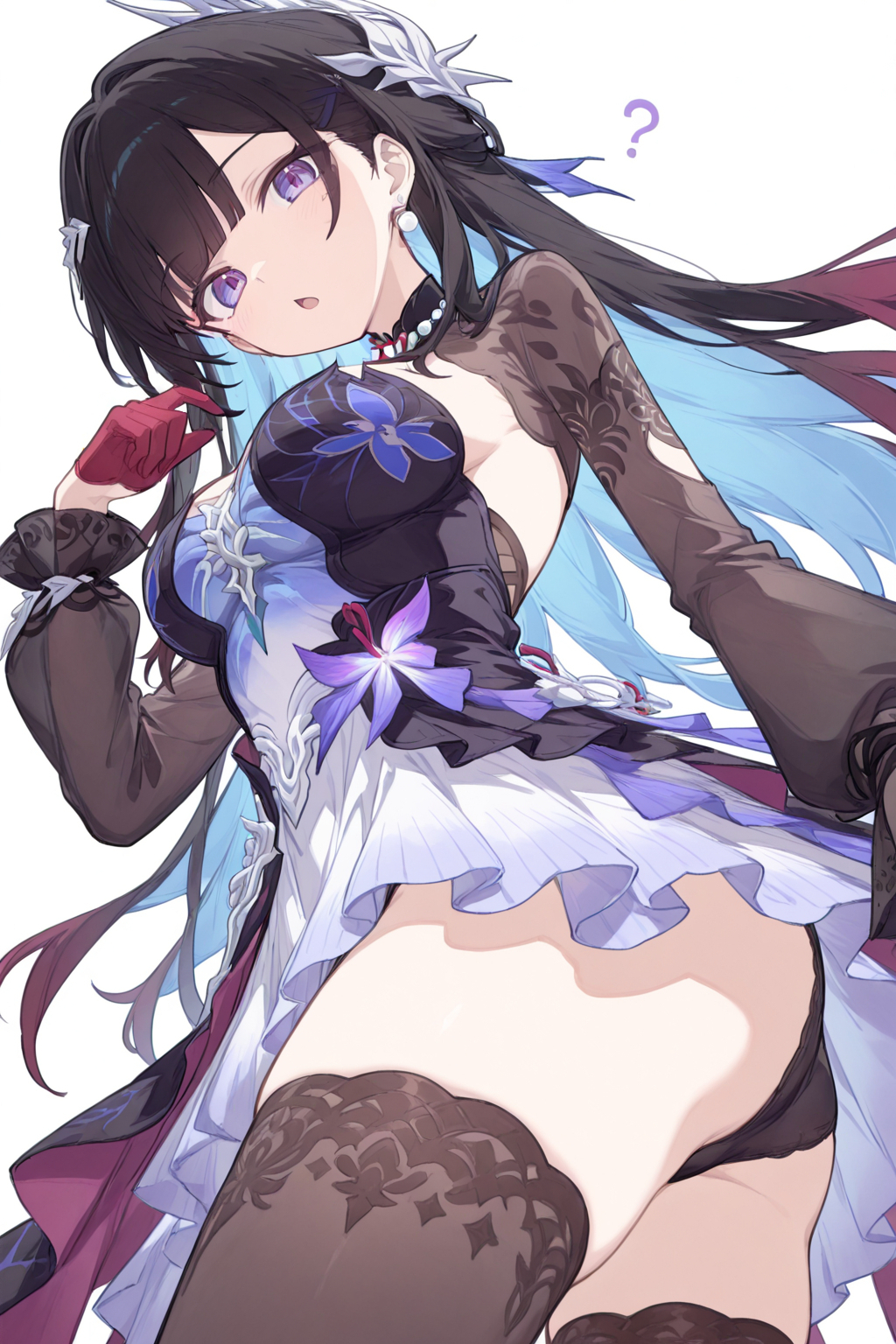 1girls, armpits, black hair, black leggings, black thighhighs, black underwear, blue eyes, confused look, female, gloves, honkai: star rail, hoyoverse, hysilens (honkai: star rail), kitokito3930, leggings, long hair, mihoyo, thighhighs, underwear, upskirt