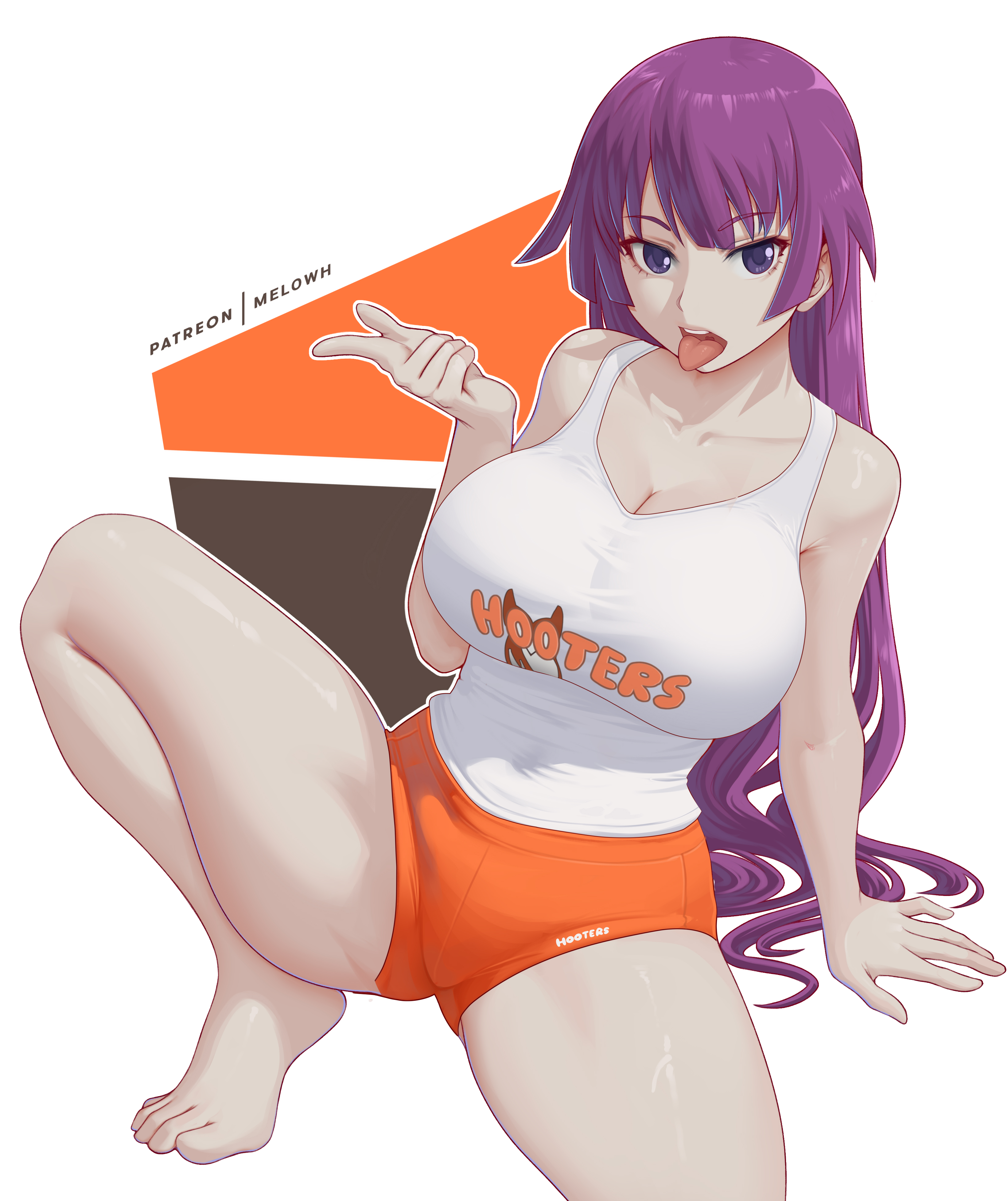 1girls, absurdres, barefoot, black background, blue eyes, breasts, collarbone, female, female only, highres, large breasts, looking at viewer, melowh, monogatari (series), navel, open mouth, orange background, patreon username, purple hair, senjougahara hitagi, short hair, solo, squatting, teeth, toes, tongue, tongue out, upper teeth only, white background