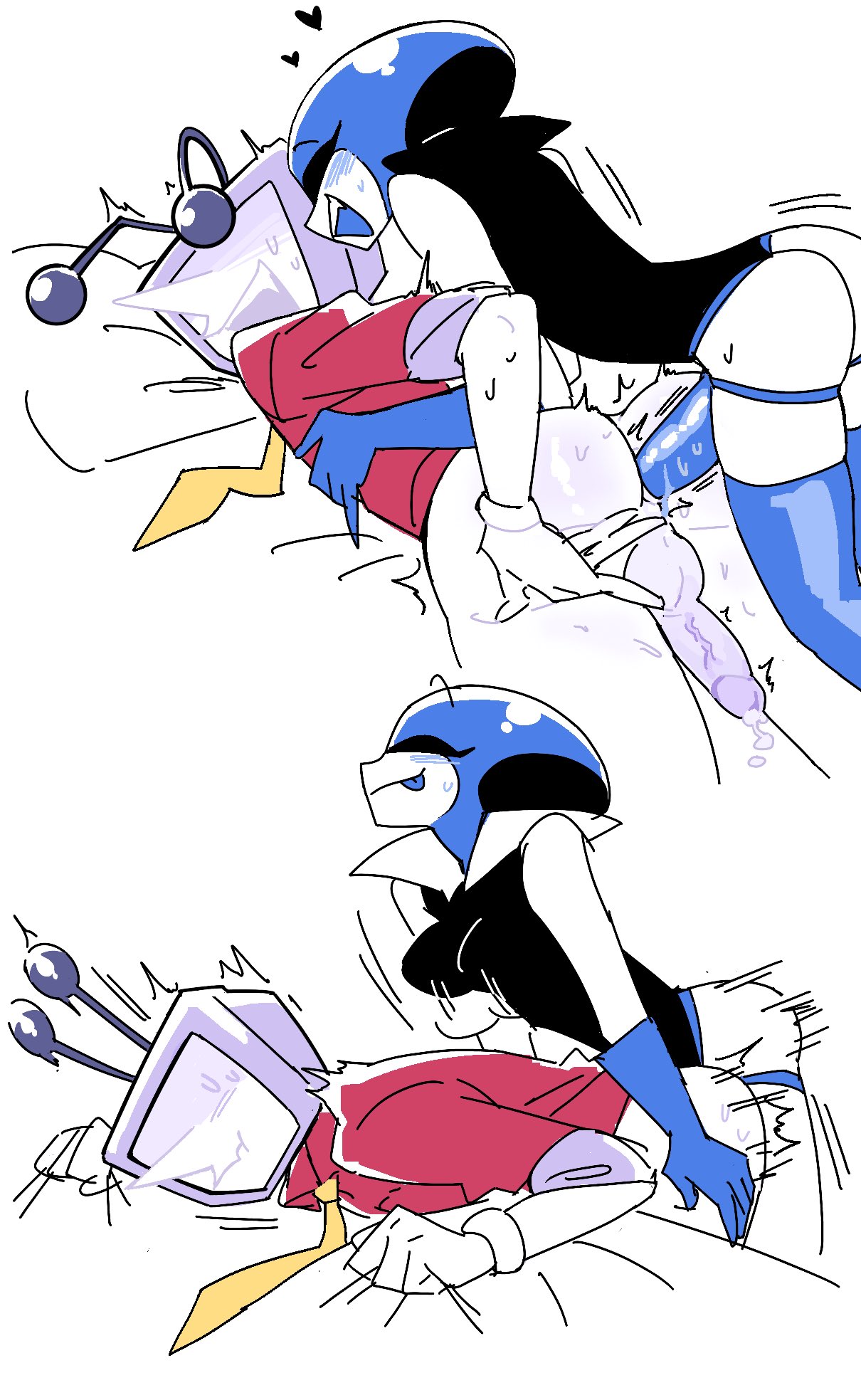1boy, 1boy1girl, 1girls, 2025, antennae (anatomy), ass, asshole, bed, blush, blushing, bottomless, bottomless male, breasts, consensual, cum, cum on sheets, deltarune, doggy style, dominant female, embarrassed, female, femdom, gloves, gripping sheets, heart, holding partner, implied dialogue, jiggling breasts, looking at another, looking back, lying on stomach, male, male penetrated, male/female, malesub, no eyes, open mouth, pegging, penis, prone bone, queen (deltarune), robot, robot humanoid, robot on robot, shhrhj51063, spreading, spreading ass, straight, straight sex, strap-on, strapon, submissive male, sweat, sweatdrop, tenna (deltarune), thighhighs, thrusting, thrusting into ass, tongue out, trembling, tv, tv head, veiny penis, white body