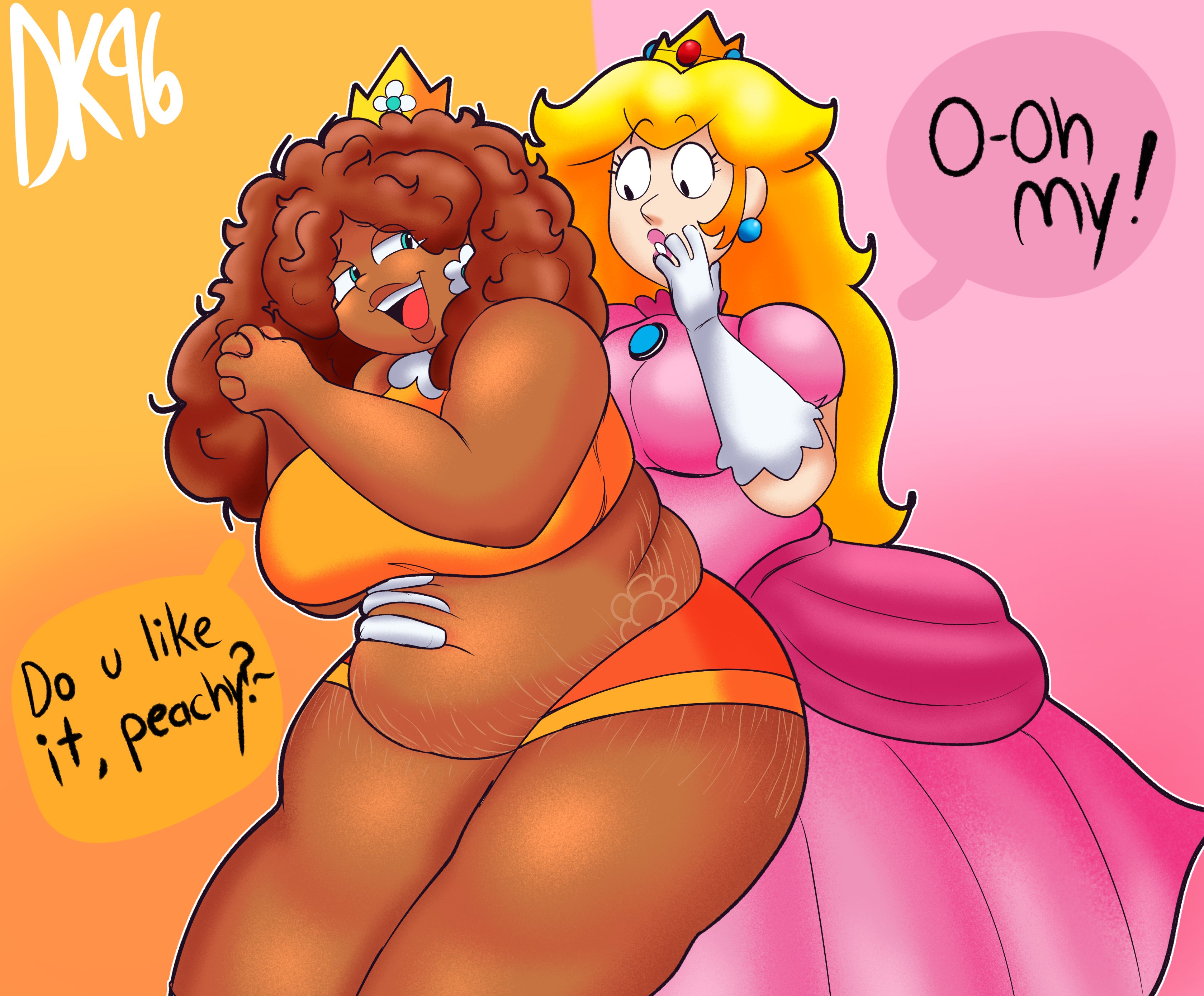 2girls, belly, belly grab, big breasts, breasts, chubby belly, chubby female, daisykitty96, dark-skinned female, dialogue, mario (series), princess daisy, princess peach, speech bubble, yuri