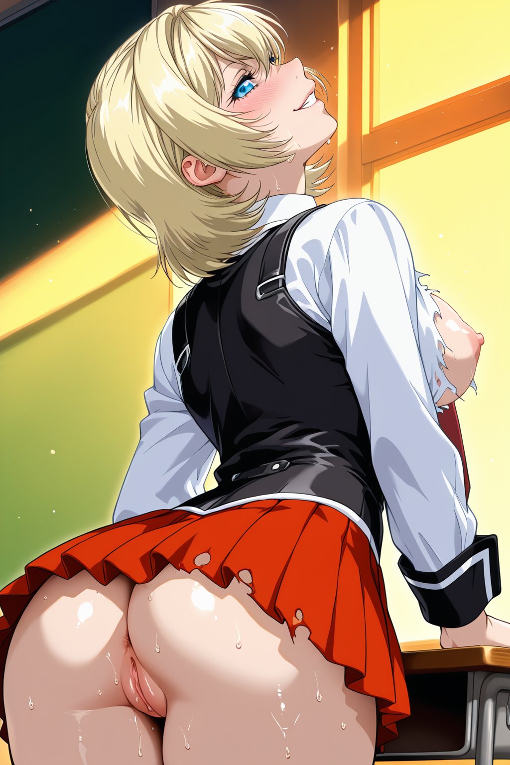1girls, academy uniform (bible black), ai generated, arched back, arm support, artcalypse, ass, ass focus, bible black, bible black new testament, big ass, big breasts, breasts, breasts out, classroom, clothing, curvaceous, curvy, curvy figure, desk, dusk, exposed ass, exposed breasts, female, female focus, female only, from behind, grin, head tilt, high resolution, horny, indoors, inviting, inviting to sex, jody crowley, long sleeves, looking at viewer, looking back, looking back at viewer, medium hair, naughty, naughty face, naughty smile, necktie, no bra, no panties, open clothes, open shirt, petite, pinup, pleated skirt, presenting, presenting ass, presenting hindquarters, presenting pussy, pussy, rear view, ripped clothing, round ass, school uniform, schoolgirl, shin bible black, shirt, shoulder length hair, skirt, smile, solo, stockings, sunset, suspenders, sweat, thighhighs, torn clothes, uncensored, vest, wet, wet pussy, window