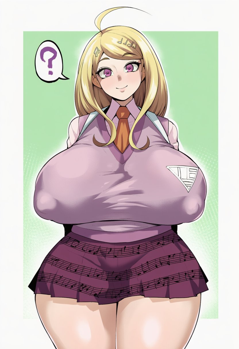 ?, 1girls, ahoge, ai generated, akamatsu kaede, aphrodisitive, big breasts, blonde hair, blush, breasts, clothing, danganronpa, danganronpa v3, eighth note, female, female only, huge breasts, indoors, long hair, musical note, musical note hair ornament, necktie, school uniform, skirt, smile, solo, sweater vest, thick legs, thick thighs, thighhighs, thighs, wide hips, wide thighs