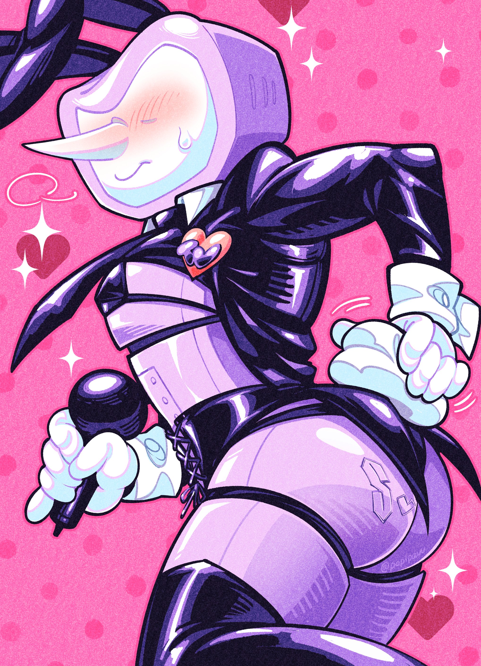 ass, blush, blushing, bunnysuit, deltarune, femboy, male, popipauu, reverse bunnysuit, small bikini, solo, solo focus, tenna (deltarune), thighhighs, tie, tsundere, tv head