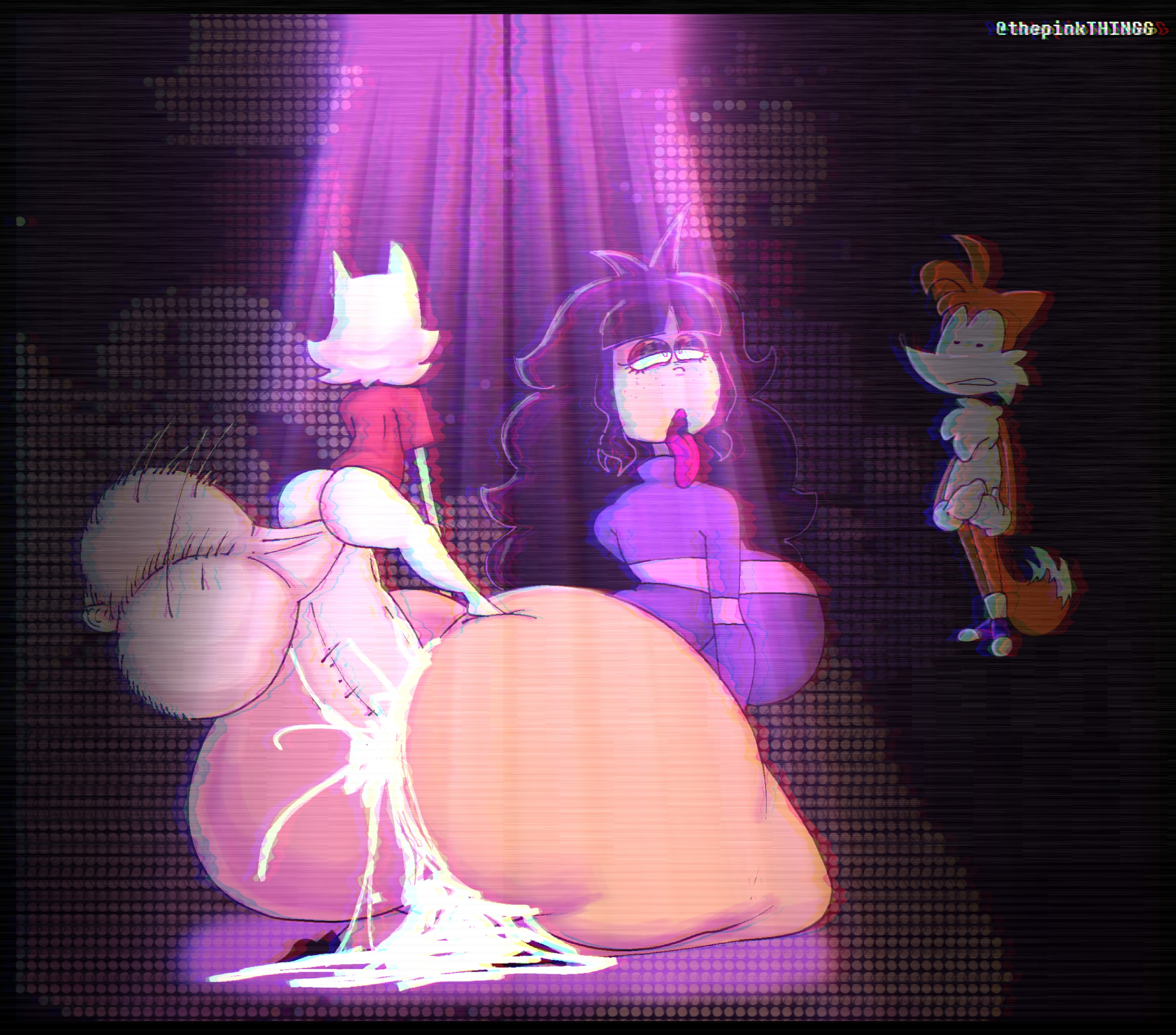 analog horror, commission, cum, cum alt, cum inside, cumming, huge ass, luther (needlemouse), needlemouse (character), needlemouse (series), original character, sarah henderson (needlemouse), size difference, sonic.exe, sonic.exe (series), thepinkthing, vhs filter, whore eyes