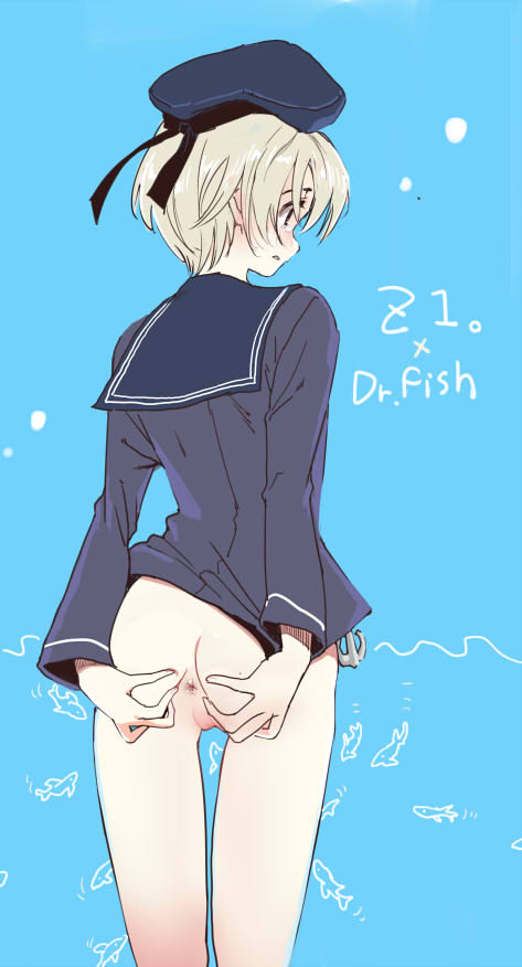 anus ass back beret blonde_hair blue_background doctor_fish female fish hat kantai_collection no_panties sailor_collar short_hair simple_background solo spread_ass tears very_short_hair z1_leberecht_maass_(kantai_collection)