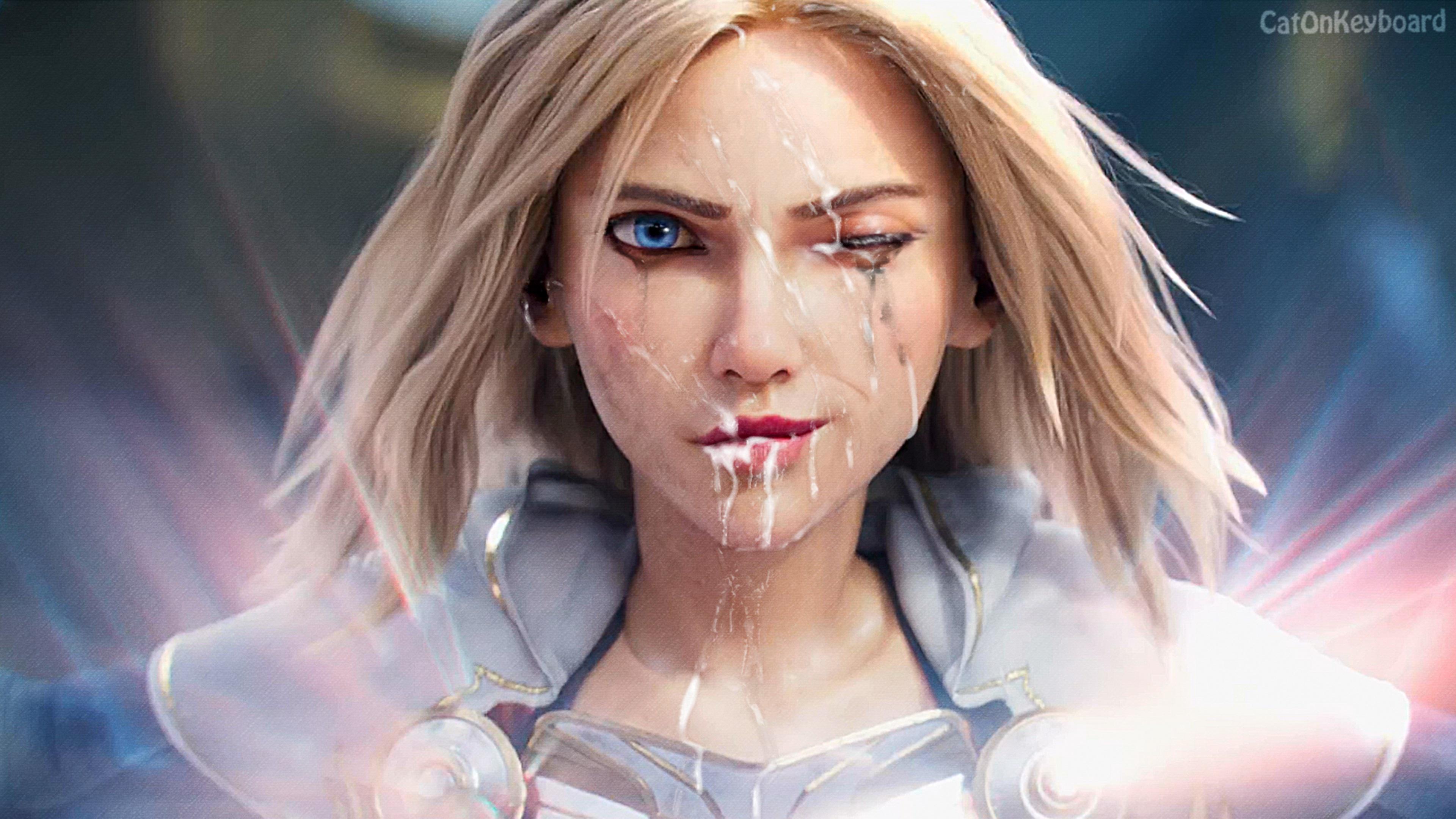 blonde hair, blue eyes, catonkeyboard, cum, cum on face, edit, facial, female, fully clothed, league of legends, luxanna crownguard, runny makeup
