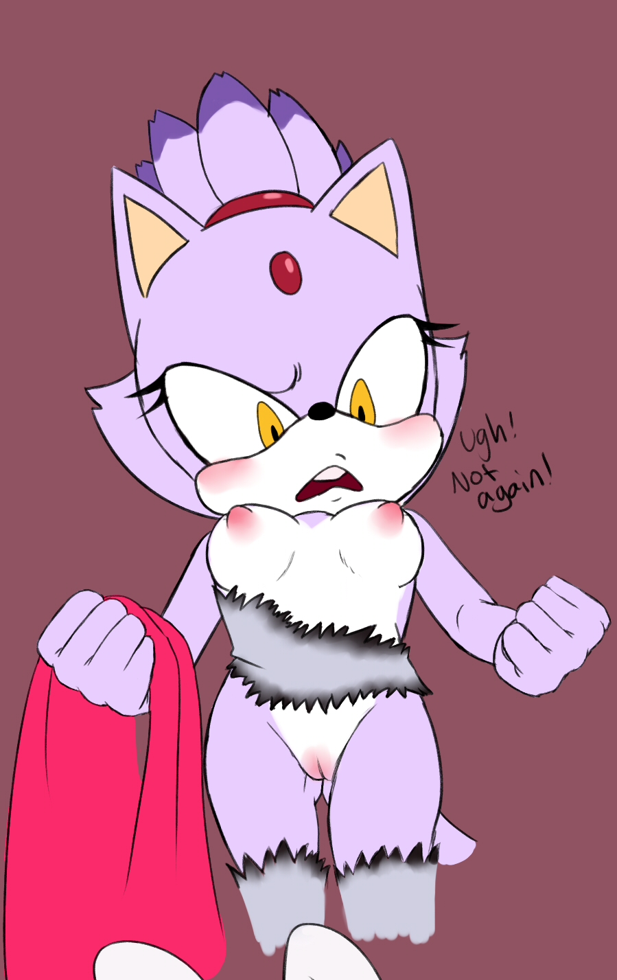 annoyed anthro ass blaze_the_cat blush breasts clothing dialogue domestic_cat english_text felid feline felis female fur looking_down mammal nipples nude open_mouth purple_body purple_fur pussy rokkerth simple_background solo sonic_(series) sonic_the_hedgehog_(series) text thick_thighs torn_clothing video_games wardrobe_malfunction wide_hips yellow_eyes