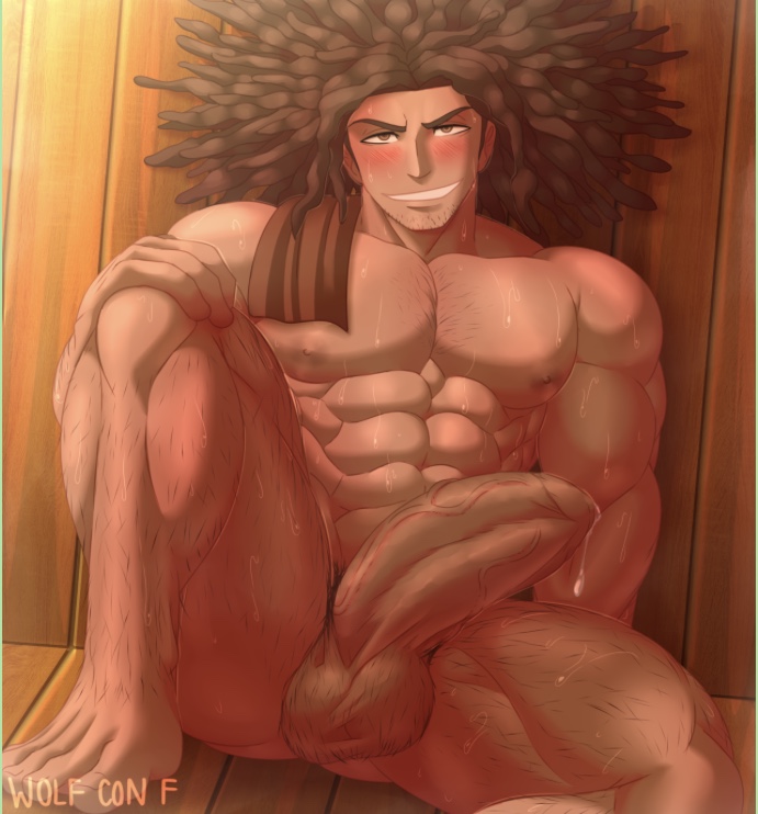 abs balls biceps big_penis boner brown_hair danganronpa erection gay hagakure_yasuhiro hairy hairy_balls male male_focus male_only muscular nipples nude pecs penis pinup precum sauna smooth_skin solo sweat thick_penis wolf_con_f yaoi