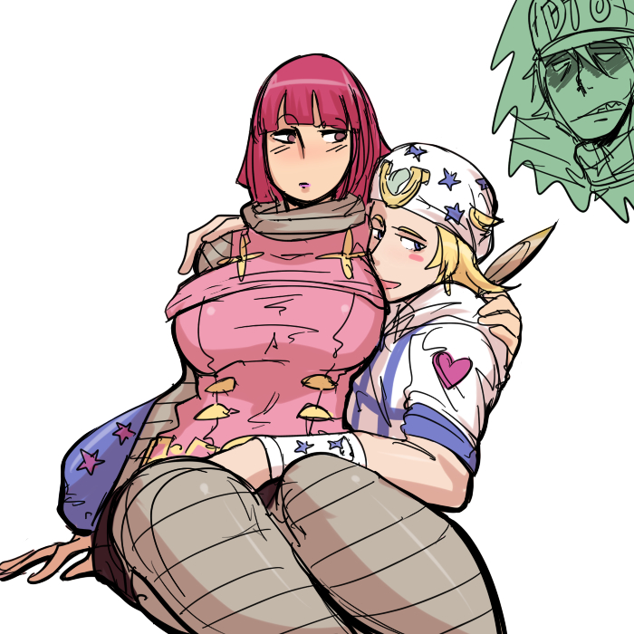 1girls big_breasts blonde_hair breasts diego_brando embarrassed female hands hot_pants_(jjba) human johnny_joestar jojo's_bizarre_adventure light-skinned_female light_skin male pink_hair pinkkoffin short_hair shounen_jump steel_ball_run straight triggered_diego_brando_looking_for_hot_pants white_clothes