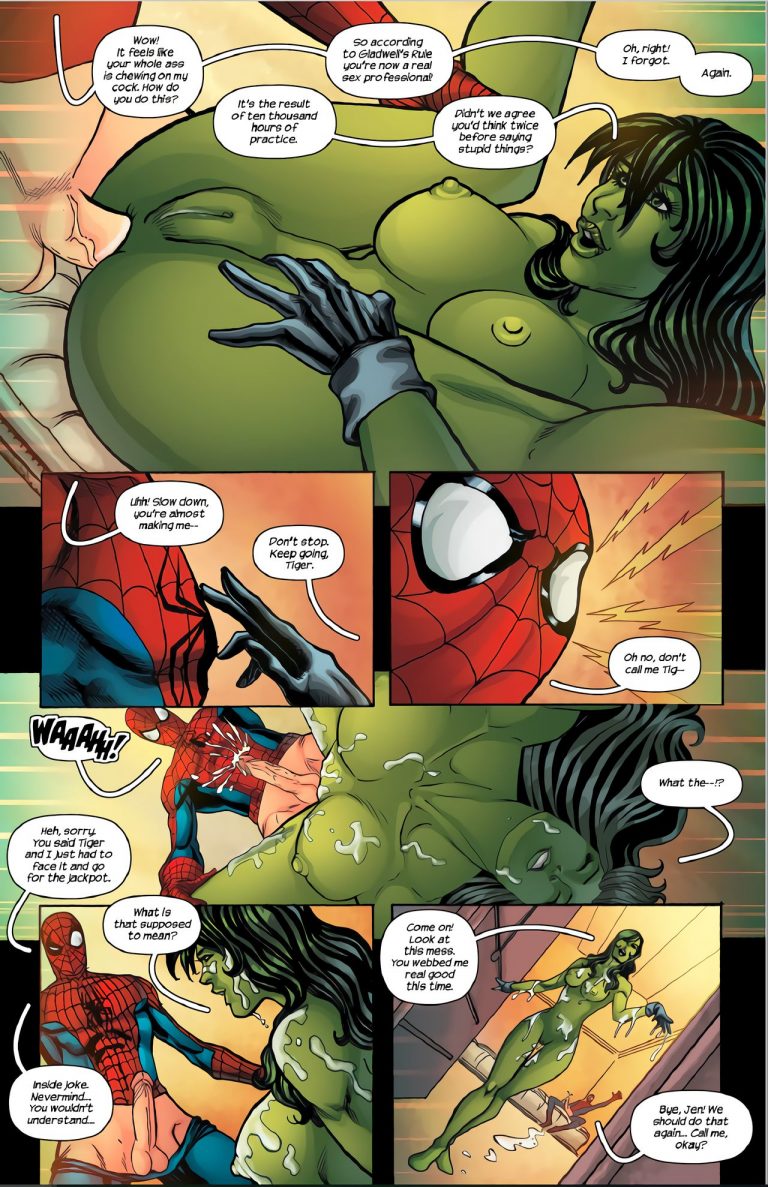 1boy, 1girls, anal, anal sex, barefoot, big breasts, breasts, bust, busty, closed eyes, comic, costume, cum, cum on body, cum on breasts, cum on upper body, cumshot, dialogue, female, gloves, green eyes, green hair, green skin, green-skinned female, hulk (series), light skin, light-skinned male, long hair, looking down, looking pleasured, looking up, male, marvel, marvel comics, mask, nipples, nude, nude female, outfit, partially clothed, penis, pussy, sex, she-hulk, speech bubble, spider-man, spider-man (series), straight, straight hair, superhero, superheroine, talking, tracyscops, vagina, voluptuous female