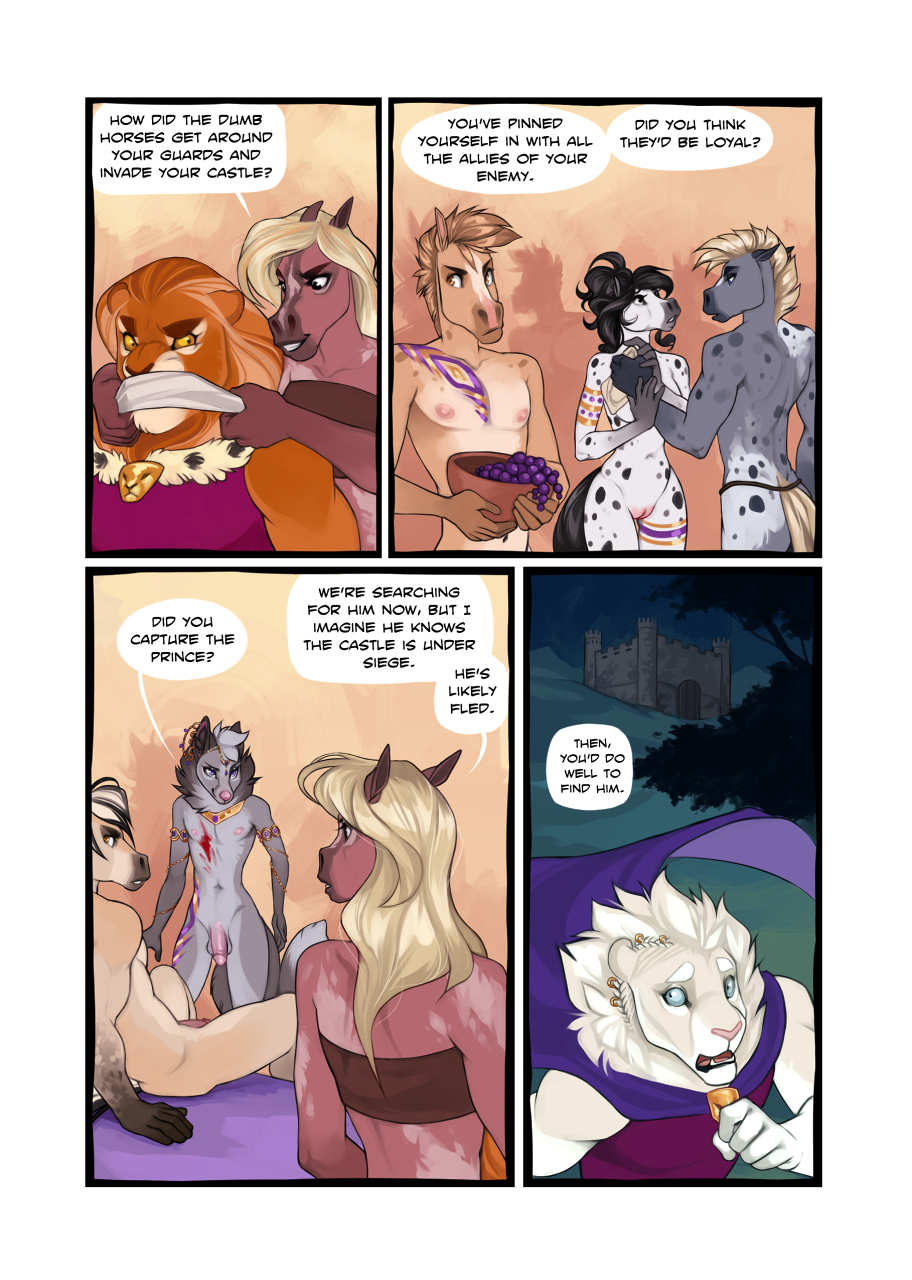 2019 5_fingers anthro balls breasts comic demicoeur digital_media_(artwork) english_text equid equine eyebrows eyelashes felid female fingers fur horse lion male mammal nude pantherine penis pussy text white_body white_fur