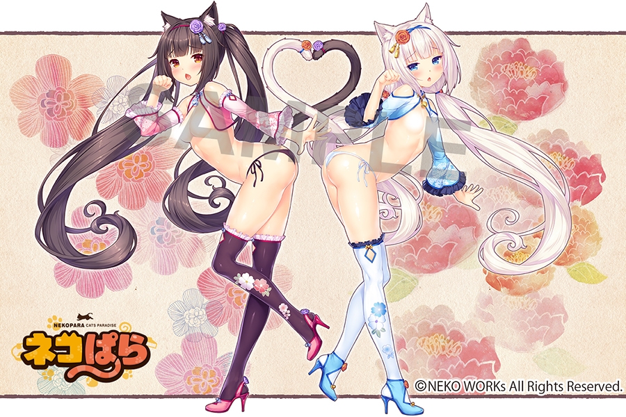 2girls :o ass black_hair black_legwear blue_dress blue_eyes blush breasts brown_eyes cat_ears cat_tail catgirl censored chocola_(sayori) clothing female female_only happy high_heels legwear long_hair nekopara nipple_censor no_bra panties pink_dress pose sample sayori small_breasts standing tail_heart text vanilla_(sayori) watermark white_hair white_legwear