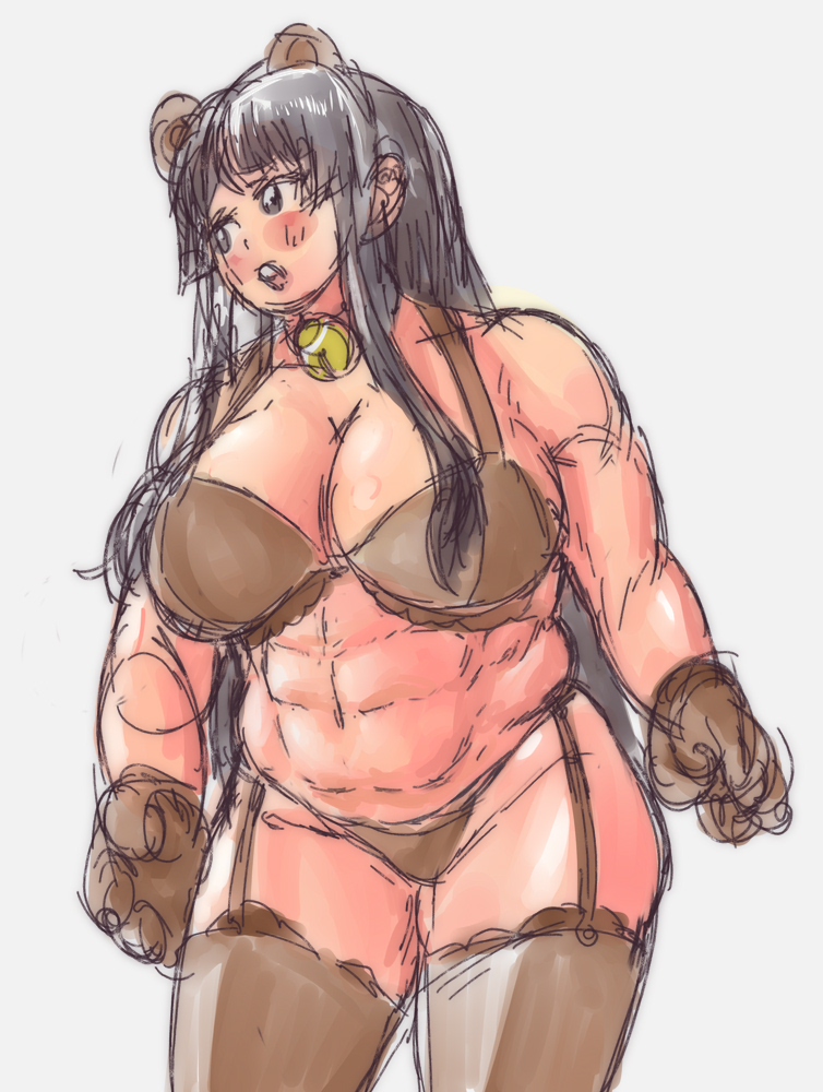 abs bear_ears bear_hand big_breasts black_bra black_hair black_underwear collar garter_belt human human_only k-on! keigi_(artist) long_hair mio_akiyama_(k-on!) muscular muscular_female thick_thighs