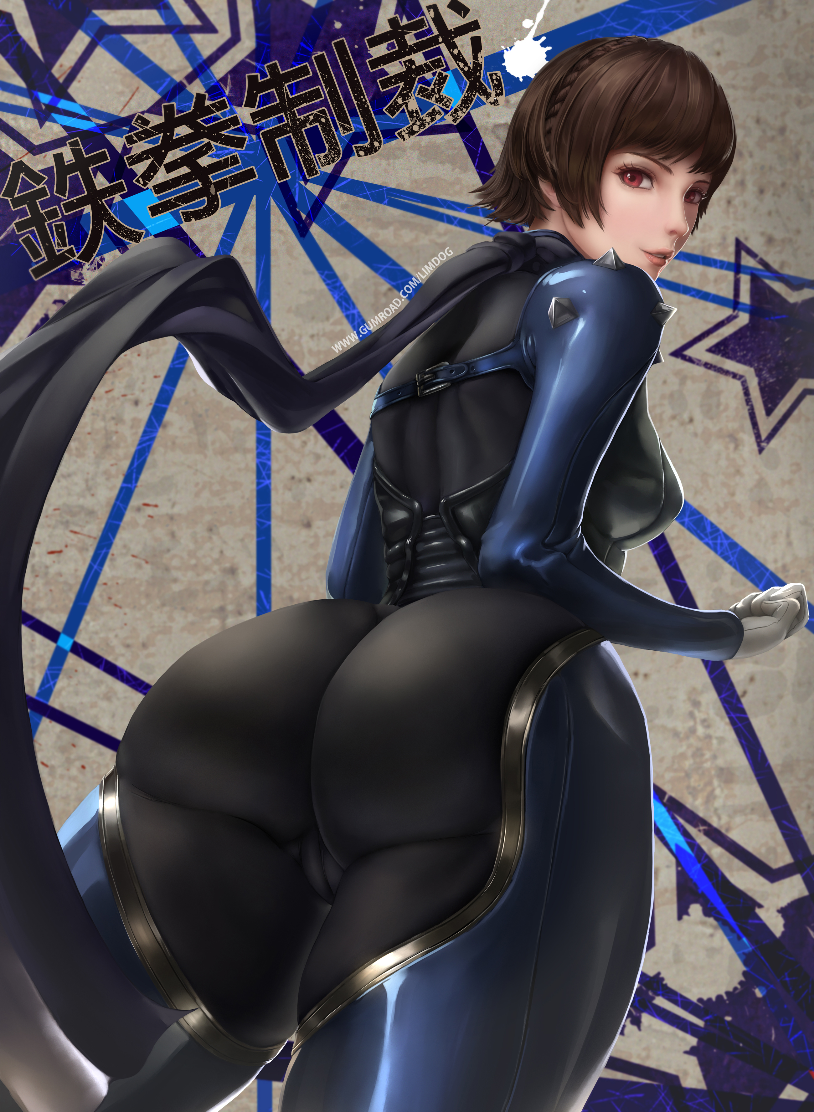 ass, atlus, big ass, black hair, breasts, bubble ass, cameltoe, cleavage, female, female only, high resolution, highres, human, limgae, looking at viewer, looking back, makoto niijima, makoto niijima (queen), megami tensei, pale skin, persona, persona 5, phantom thief suit, pussy, red eyes, sega, smile, solo