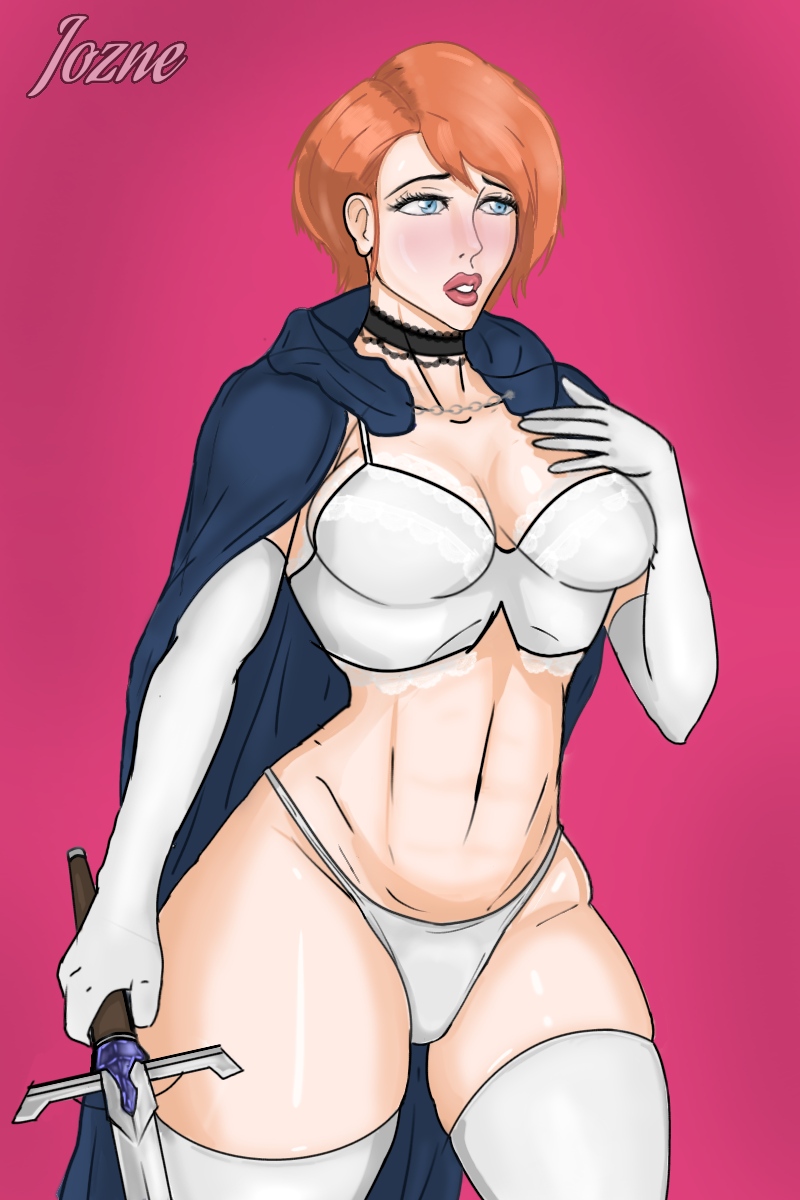 artist_name big_breasts blue_eyes breasts character_request choker female gloves jozne lingerie redhead sword tagme thick thick_thighs thighhighs thong white_bra white_panties white_thong wide_hips