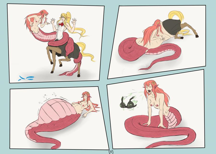 bra, breasts, burp, burping, burping up clothes, burping up items, catfight, centaur, centorea shianus, clothing, comic, digestion, equid taur, female, femdom, femsub, lamia, miia (monster musume), monster musume no iru nichijou, naga, oral vore, simple background, skirt, swallowing, taur, vore, white background, yuri