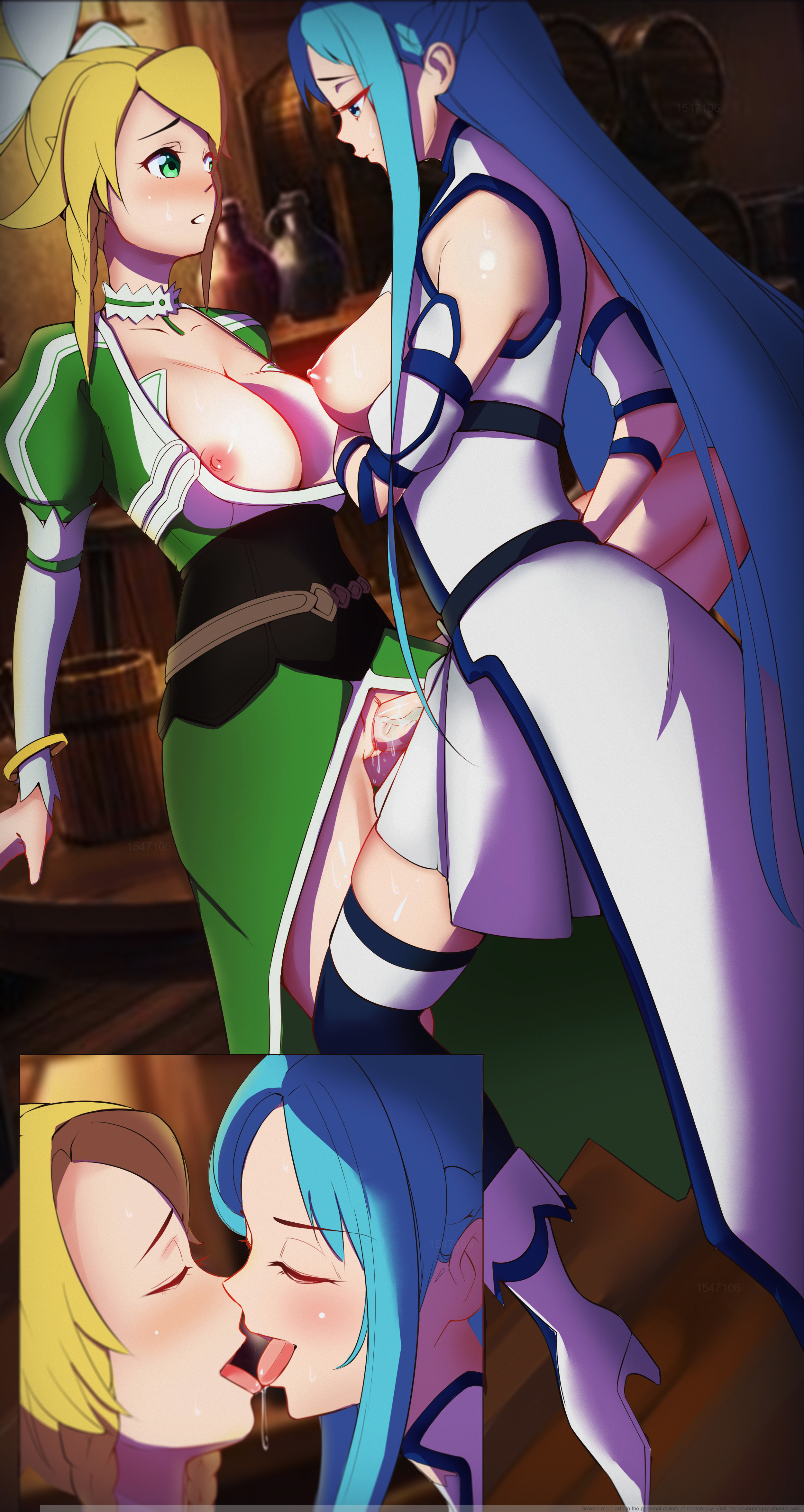 1futa, alfheim online, areolae, asuna (sao-alo), big breasts, blonde hair, blue eyes, blue hair, breasts, dickgirl, elf, elf ears, female, futa on female, futanari, green eyes, intersex, kirigaya suguha, leafa, long hair, medium breasts, netorare, ntr, penis, pointy ears, pussy, randomguy, saliva, sword art online, tongue, vagina, vaginal penetration, yuuki asuna