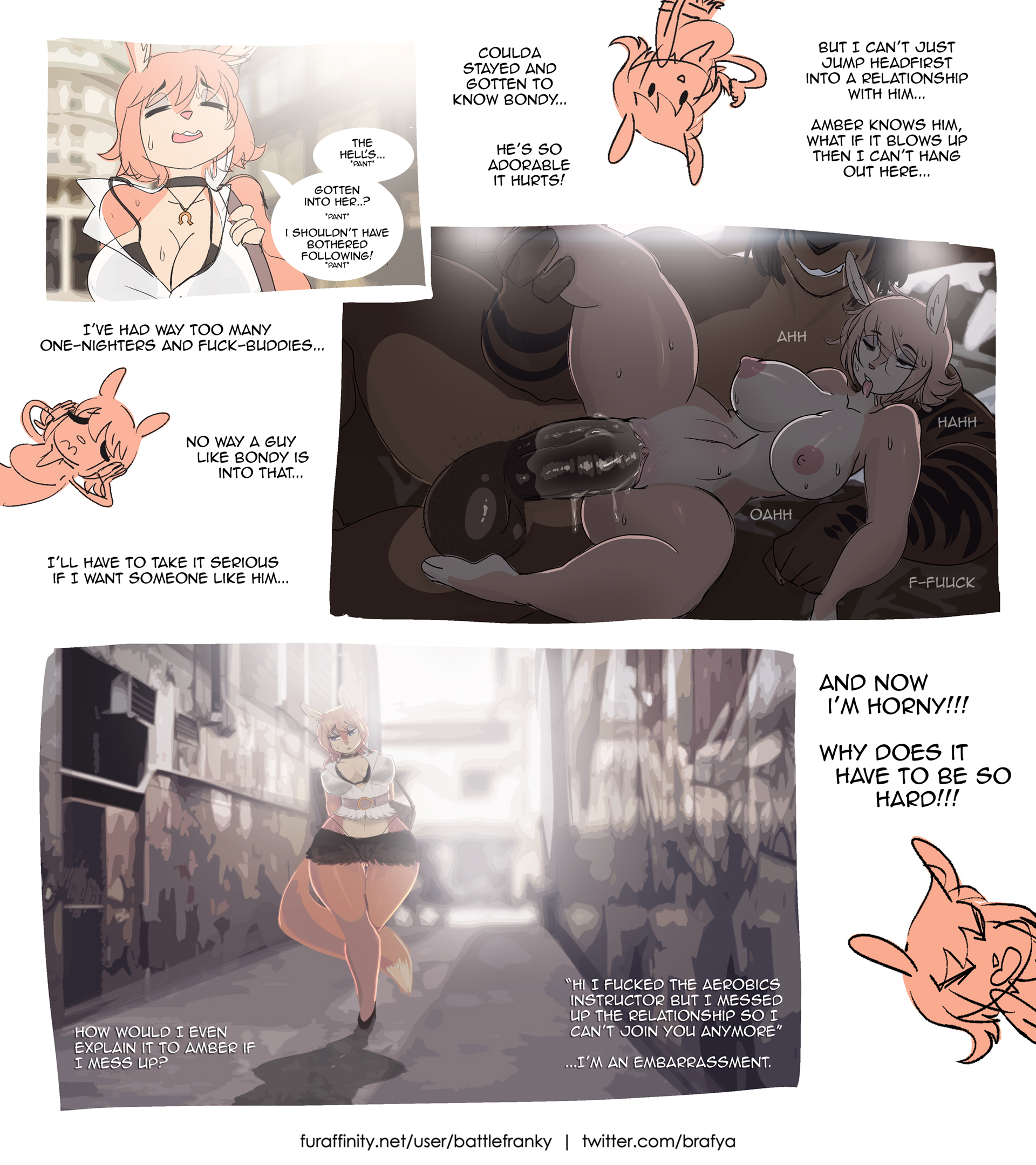 anthro, anthro on anthro, balls, battle franky, blue eyes, breasts, clothed, clothing, comic, cum, cum in pussy, cum inside, dialogue, duncan (zeromccall), female, female penetrated, ferra (battle franky), fox, male, male penetrating, male penetrating female, male/female, nipples, open mouth, open smile, orange fur, orange hair, orgasm, orgasm face, penetration, penis, pleasure face, pussy, sex, smile, speech bubble, sweat, teeth, two-tone fur, vaginal penetration