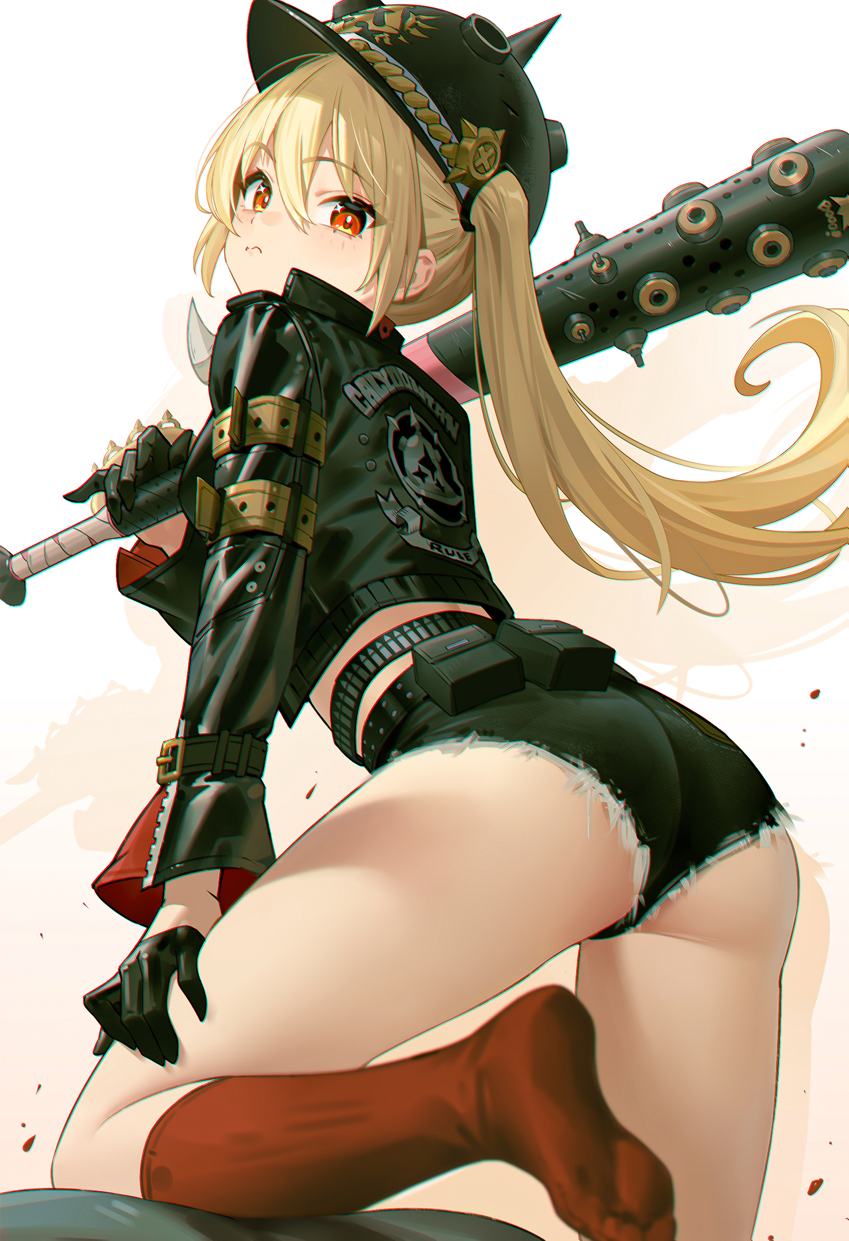 1girls, 95 (jiuwujiang), absurdres, ass, black gloves, black jacket, black shorts, blonde hair, blush, closed mouth, combat helmet, commentary, female, female only, from behind, gloves, hair between eyes, hand on own thigh, helmet, highres, holding, jacket, long hair, long sleeves, looking at viewer, looking back, luciana de montefio, micro shorts, over shoulder, pickelhaube, red eyes, red socks, short shorts, shorts, side ponytail, socks, solo, thighs, weapon, weapon over shoulder, zenless zone zero