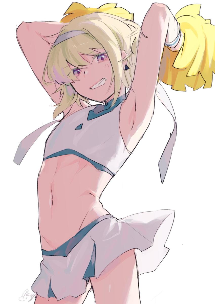 1boy androgynous arched_back armpits blonde_hair blush bob_cut cheering cheerleader cheerleader_uniform crop_top crossdressing femboy girly highres lio_fotia looking_at_viewer male male_cheerleader male_focus male_only midriff miniskirt moegi0926 navel pom_poms promare simple_background skirt sleeveless solo trap white_background