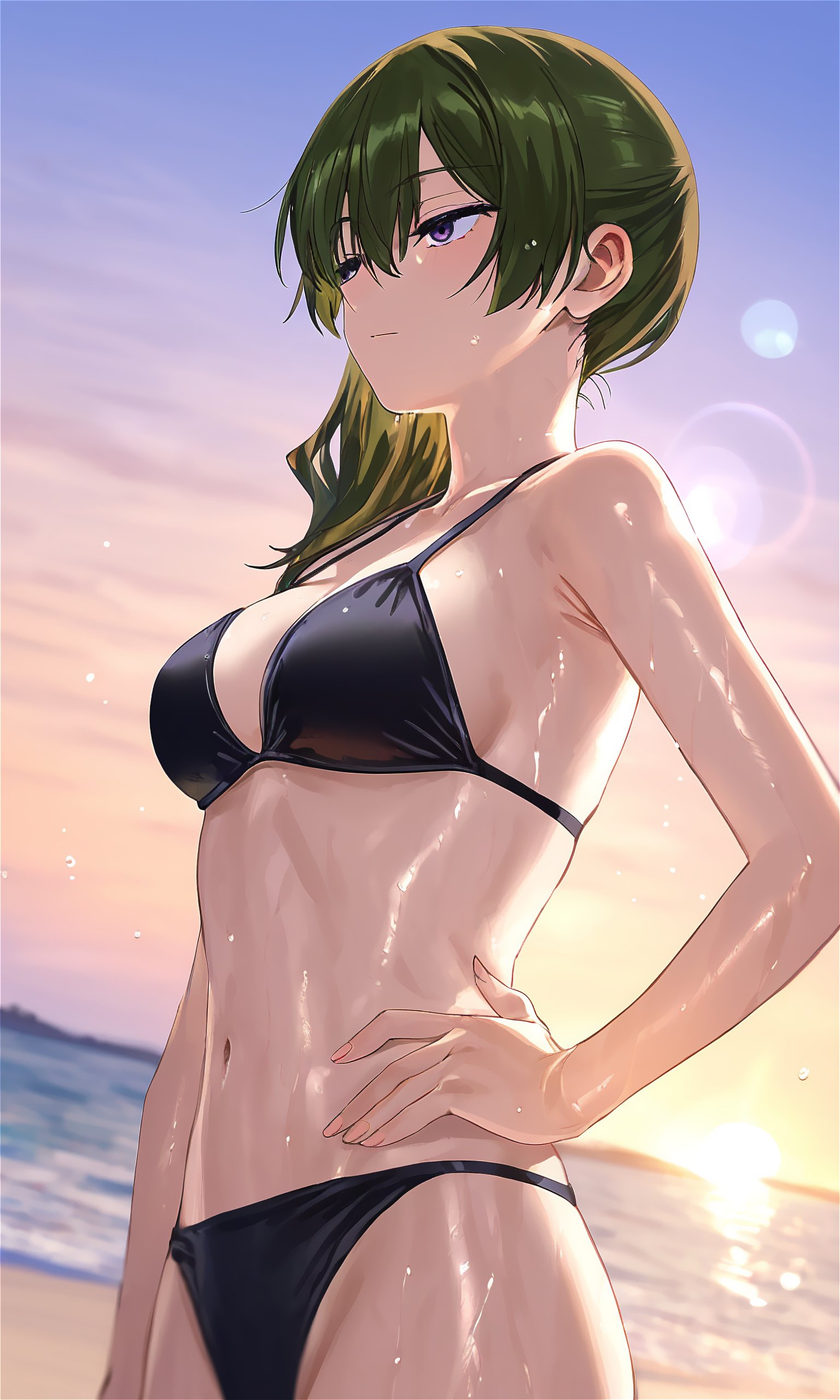 ai generated, bikini, breasts, female, female only, green eyes, medium breasts, n3vermind mir, navel, purple eyes, solo, sousou no frieren, sunset, swimsuit, tagme, ubel (sousou no frieren), white skin