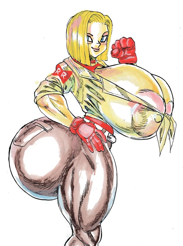 1girls, android 18, areola slip, areolae, ass, big ass, big breasts, blonde hair, breasts, bursting breasts, color, curvy, dragon ball, dragon ball z, female, female focus, female only, gigantic ass, gigantic breasts, goudadunn, huge ass, huge breasts, large ass, large breasts, muscular, muscular female, naughty face, seductive, seductive smile, smile, solo, solo female, thick ass, thick thighs, voluptuous, watercolor (artwork)