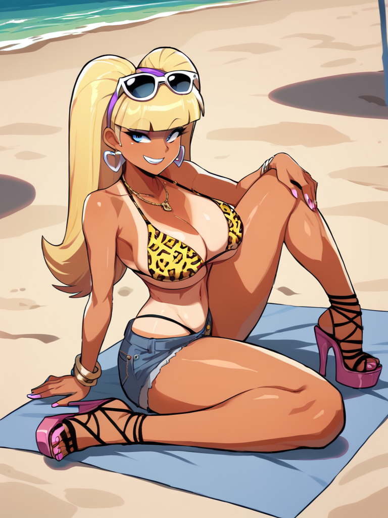 1girls aged_up ai_generated alternate_hairstyle anime_nose beach beach_towel big_breasts bikini_top bimbo blonde_hair blue_eyes disney disney_channel earrings female female_only fully_clothed gravity_falls grin gyaru hand_on_knee heeled_sandals heels high_heels hotpants human jean_shorts jewelry looking_at_viewer necklace no_visible_genitalia pacifica_northwest sitting sitting_on_beach_towel solo stable_diffusion stiletto_heels sunglasses sunglasses_on_head tan_body tanline tanned twintails very_high_heels