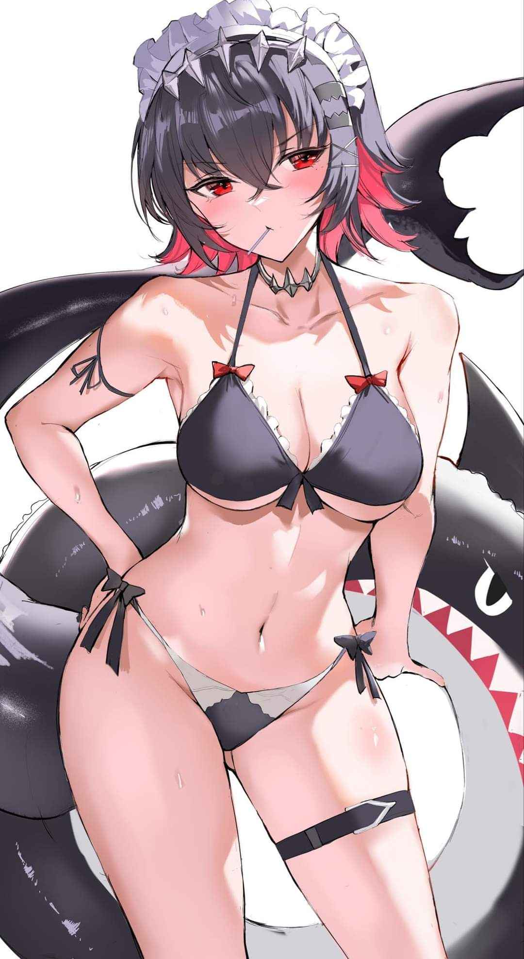 1girls, big breasts, bikini, black hair, bow, breasts, ellen joe, female, maid headdress, mihoyo, mihoyo technology (shanghai) co. ltd., necklace, red eyes, red hair, shark, tail, thick thighs, thigh strap, thighs, victoria housekeeping, zenless zone zero