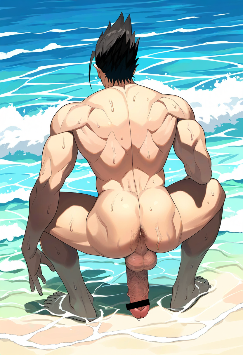 ai_generated anus aonoshishi ass balls bandai_namco bara beach big_balls big_penis erection jin_kazama kazama_jin male male_only muscular_male nude penis tekken