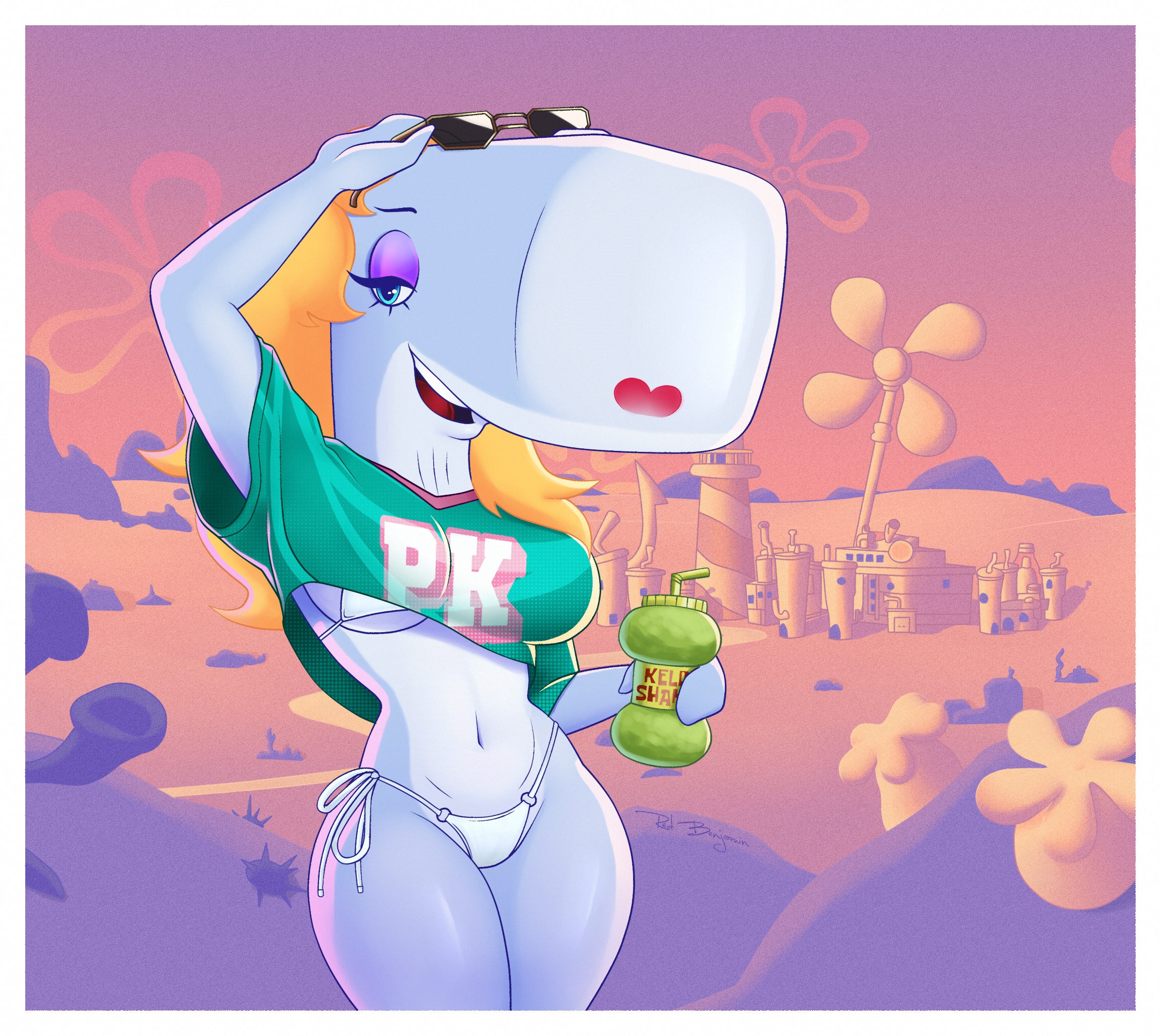1girls, anthro, anthro only, big breasts, bikini, bikini bottom, bikini top, blonde hair, blue eyes, breasts, cetacean, clothing, cosplay, crop top, eyeshadow, female, female only, furry, furry female, furry only, glasses, grand theft auto, grand theft auto vi, gray skin, gta vi cover girl, gta vi cover girl (cosplay), hair, holding, holding beverage, holding cup, holding drink, holding object, large breasts, long hair, looking at viewer, mammal, marine, mature, mature female, nickelodeon, open mouth, pearl krabs, purple eyeshadow, redbenjamin, sexy, shirt, solo, solo female, solo focus, sperm whale, spongebob squarepants, sunglasses, sunglasses on head, swimsuit, t-shirt, thick thighs, underboob, whale, whale girl