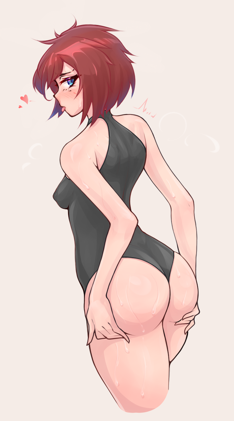 black_leotard blue_eyes commission commissioner_upload female hands_on_own_ass heart highres leotard nikoro non-web_source original red_hair see-through see-through_leotard short_hair solo sweat tongue tongue_out zap-nik