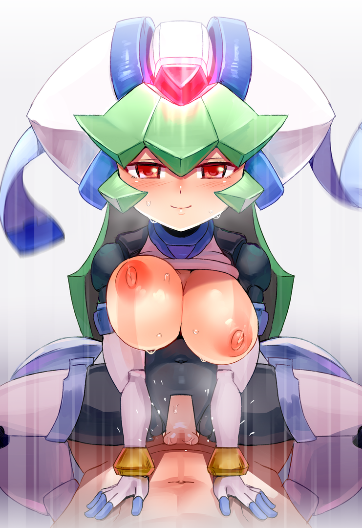 1boy, 1girls, alternate breast size, blank background, blush, bouncing breasts, breasts, breasts out, capcom, clothed, cowgirl position, egao sikorsky, female, green hair, hands on chest, heart eyes, heart-shaped pupils, large breasts, looking at viewer, male, mega man, mega man zx, nipples, pandora (mega man), penis, pussy, reploid, robot, robot girl, sex, shirt up, straddling, straight, sweat, sweaty breasts, vaginal penetration, x-ray