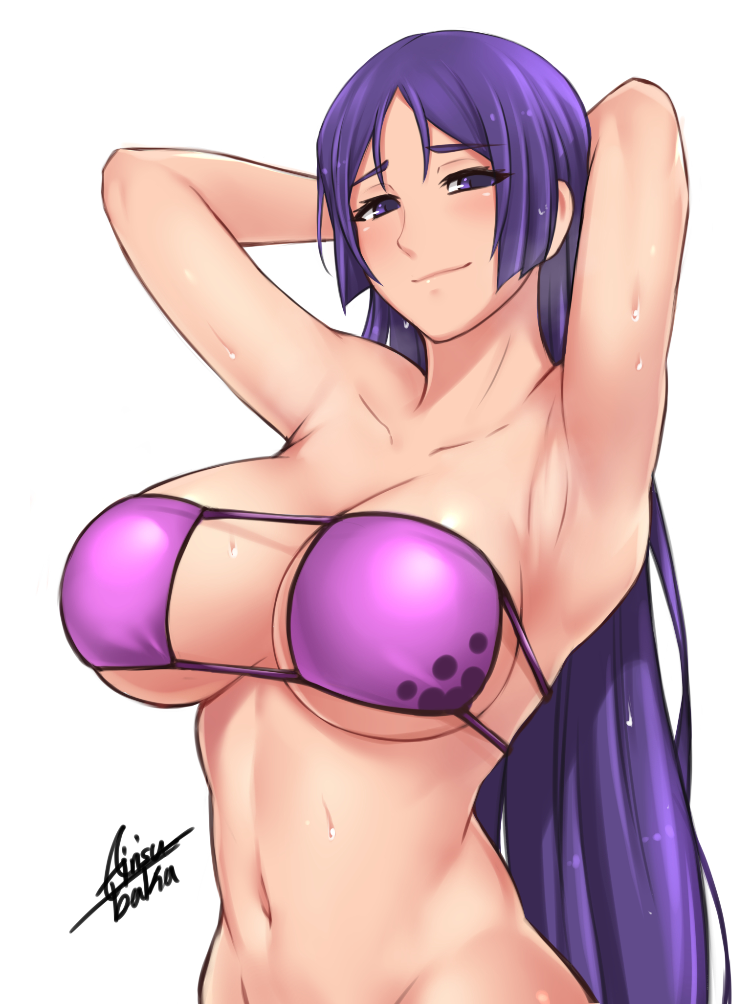 1girls, airisubaka, armpits, arms up, artist name, bangs, blush, breasts, cleavage, clothed, collarbone, eyebrows visible through hair, eyelashes, eyepatch bikini, fate (series), fate/grand order, female, female only, half-closed eyes, highres, human, large breasts, long hair, looking at viewer, midriff, minamoto no raikou (fate/grand order), minamoto no raikou (swimsuit lancer), navel, parted bangs, perky breasts, purple eyes, purple hair, shiny hair, shiny skin, signature, simple background, skimpy, skindentation, solo, swimsuit, toned, toned female, very long hair, wet, wet hair