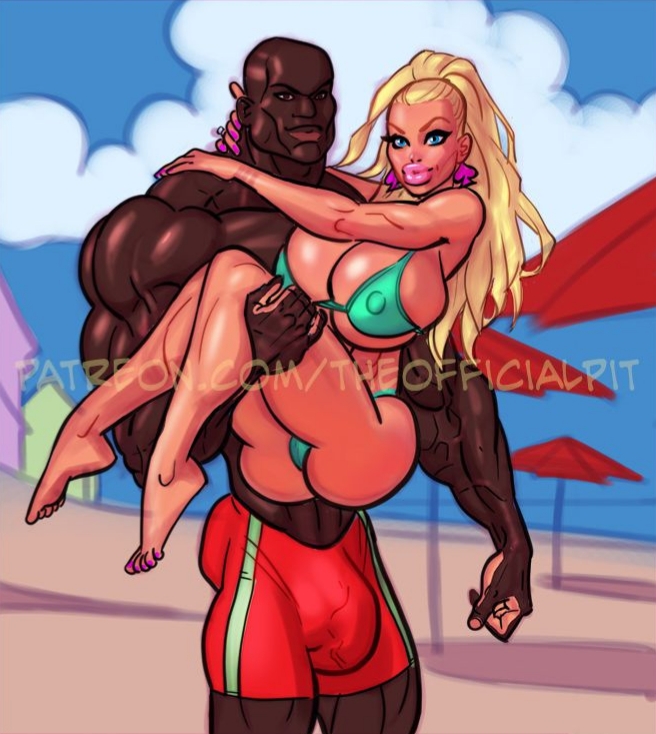 beach big_breasts big_bulge big_penis bimbo blonde_hair carrying coxville_stories damballah_native dark-skinned_male interracial jenny_summers muscular muscular_male queen_of_spades theofficialpit voluptuous