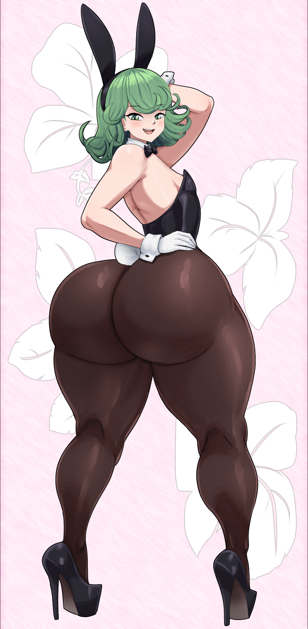 1girls arm_up ass big_ass bottom_heavy bubble_butt bunny_ears bunny_tail bunnysuit clothing dat_ass fat_ass female female_only gloves hand_behind_head hand_on_hip heels huge_ass large_ass leggings looking_at_viewer looking_back massive_ass one-punch_man png shoes solo tatsumaki thecon thick_ass thick_thighs thunder_thighs twitter_link wide_hips