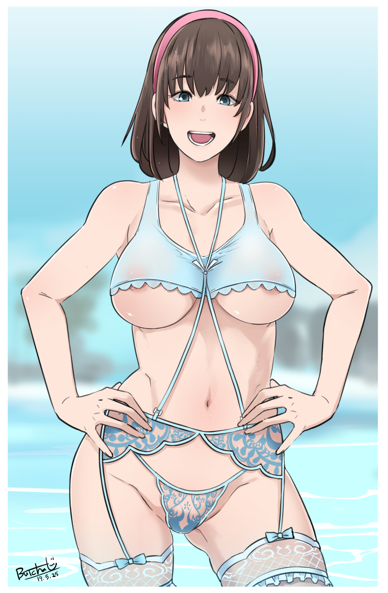 2019 blue_lingerie blue_stockings brown_hair butcha-u dead_or_alive dead_or_alive_xtreme_beach_volleyball eroquis female g-string garter_belt garter_straps hands_on_hips hitomi_(doa) large_breasts lingerie panties short_hair solo standing stockings tecmo thighhighs underboob