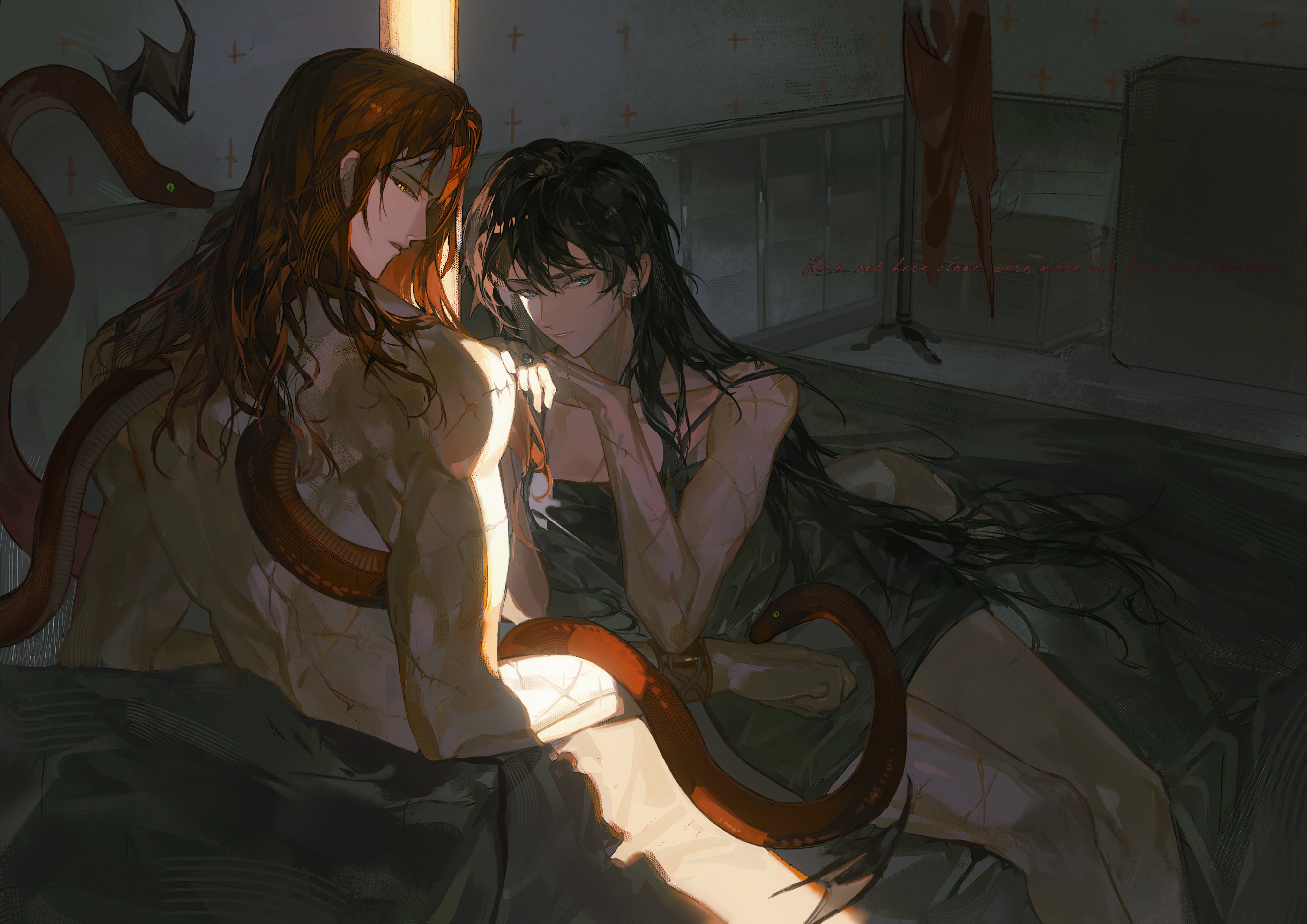 2d, after sex, artist request, bed, bedroom, big breasts, breasts, chesirsaaa, cleavage, elden ring, female, female focus, fromsoftware, julymoons, male, messmer the impaler, rellana twin moon knight, shadow of the erdtree, thick thighs, topless, topless male